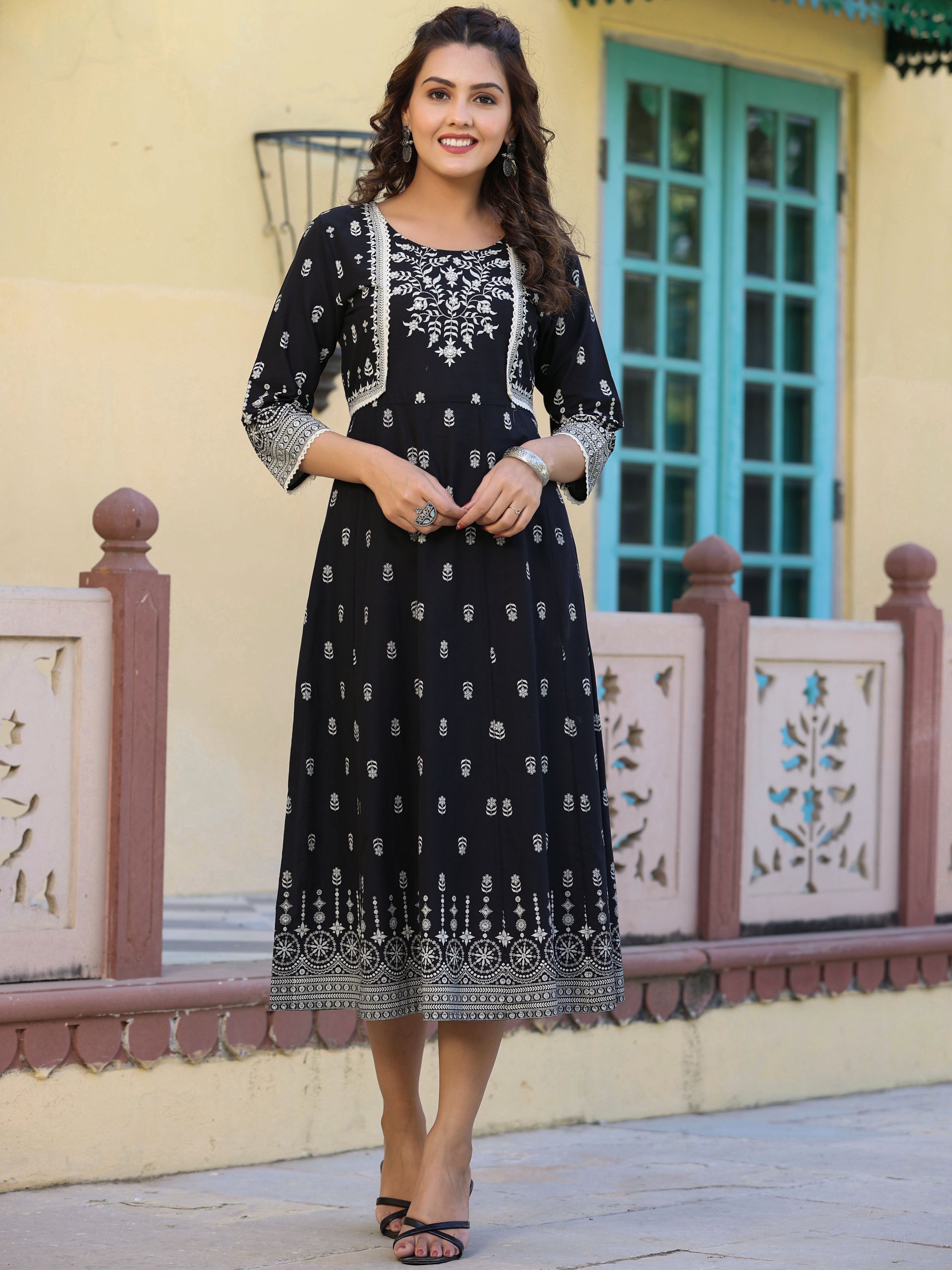 Juniper Women's Black Cambric Printed Anarkali Flared Dress