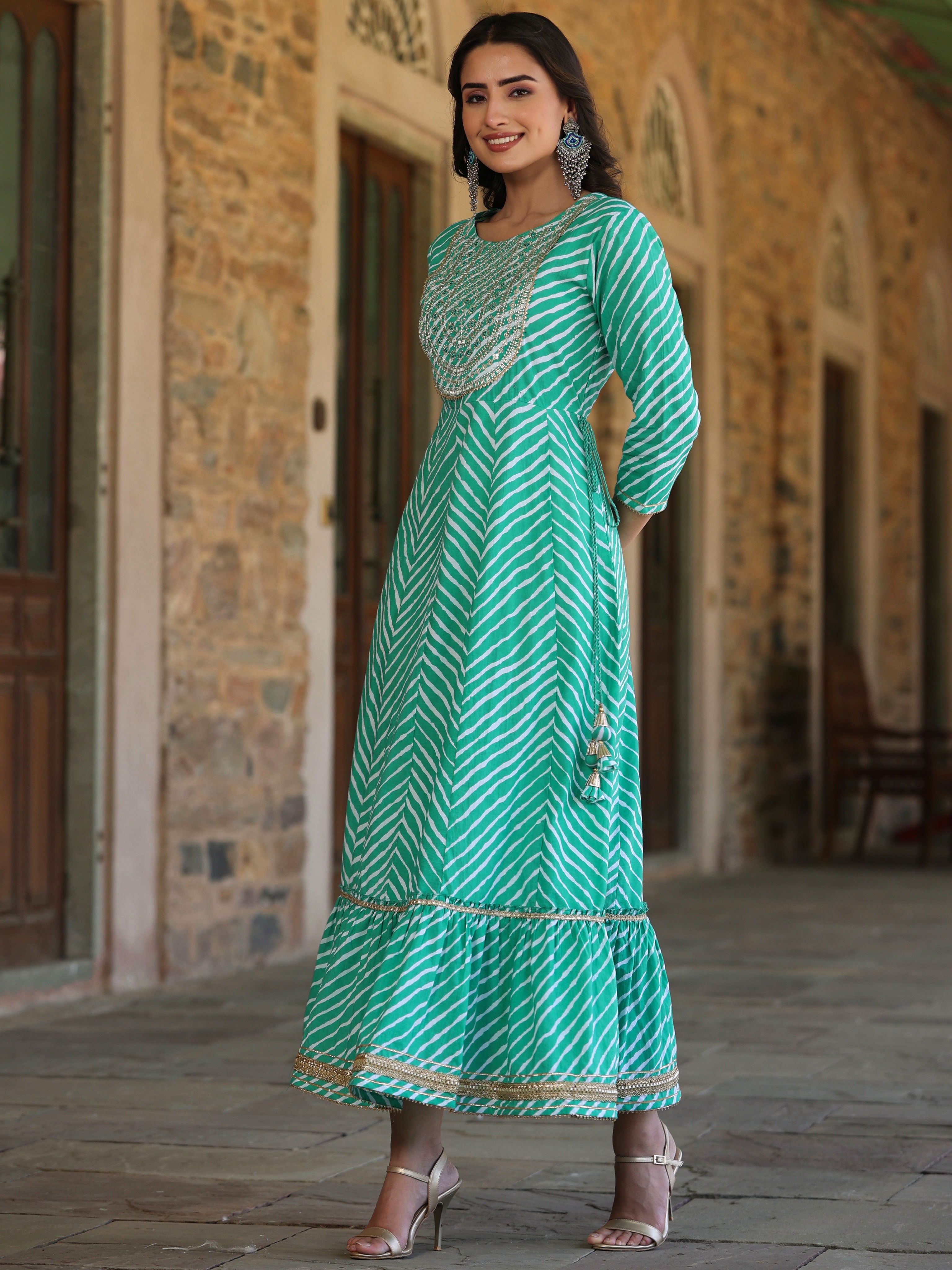 Juniper Women Green Cotton Cambric Leheriya Printed Anarkali Maxi Dress with Embroidered Yoke