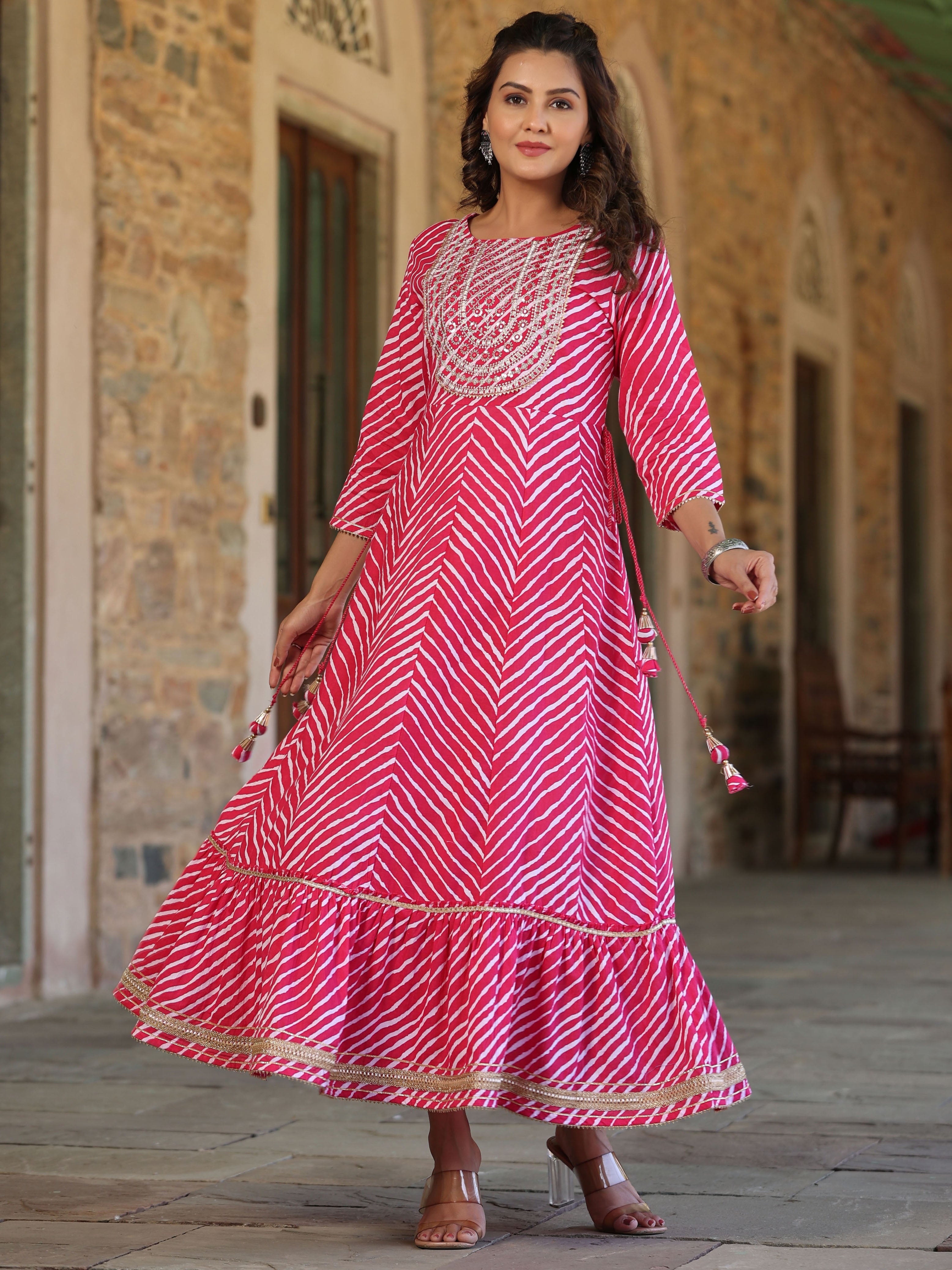 Juniper Pink Cotton Leheriya Printed Anarkali Dress With Embroidered Yoke & Dori Tie-Up At Waist