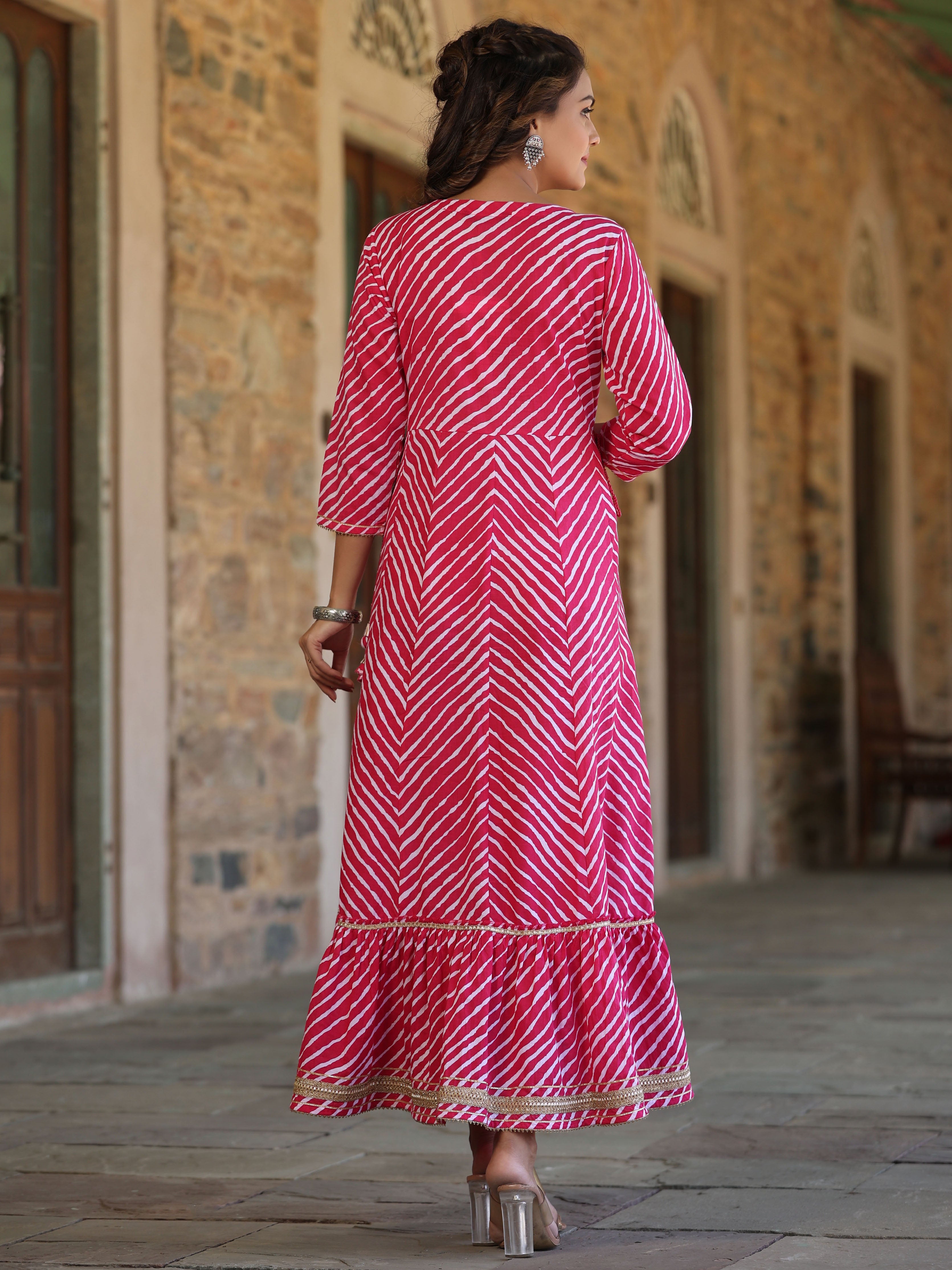 Juniper Women Pink Cotton Cambric Leheriya Printed Anarkali Maxi Dress with Embroidered Yoke