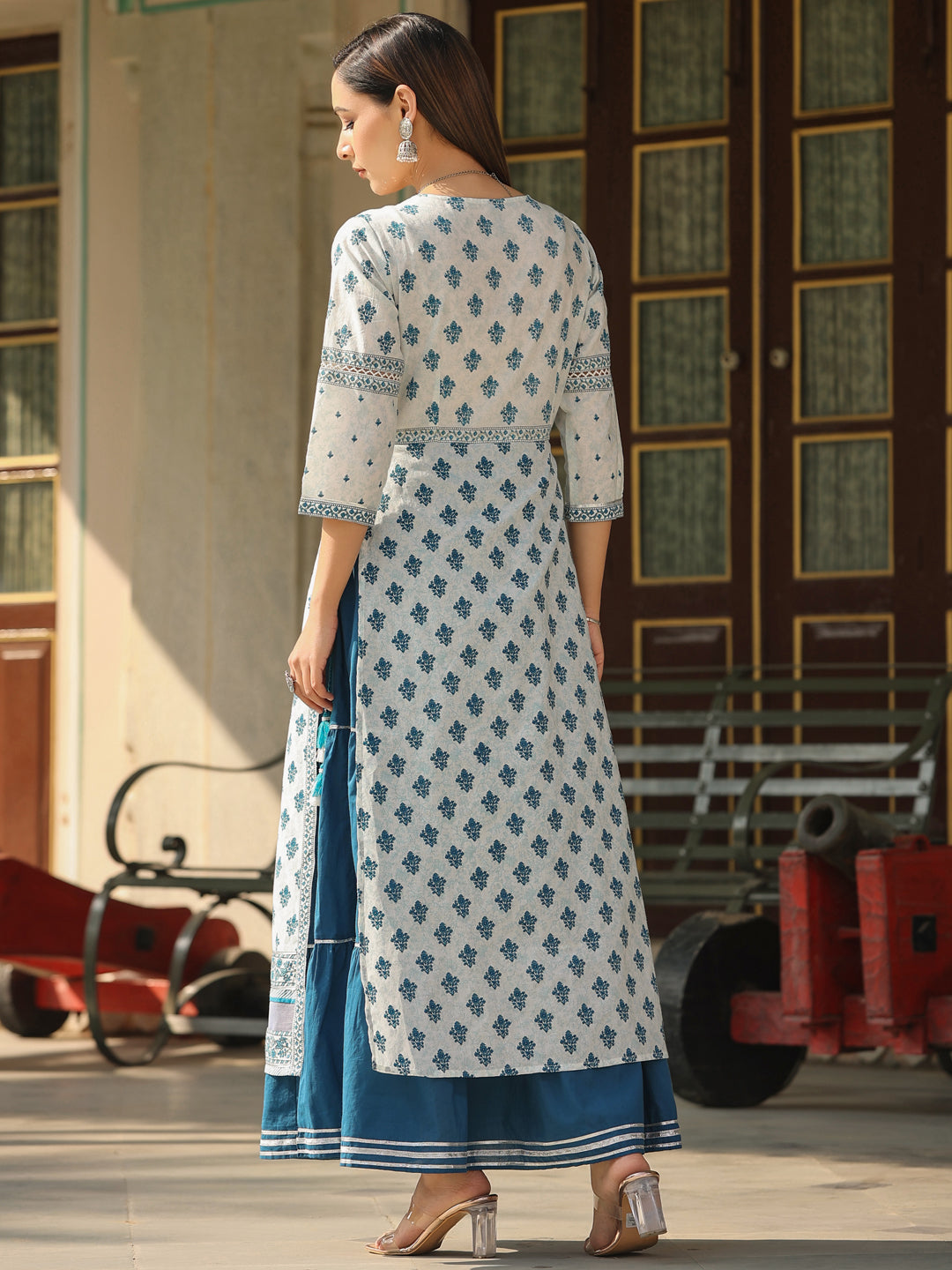 Juniper Women White Cotton Cambric Block Look Printed Layered Maxi Dress