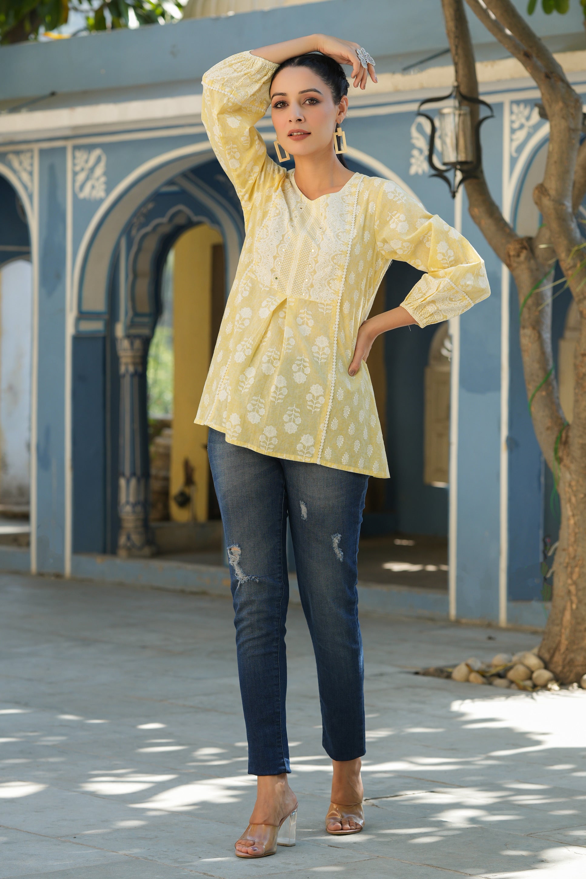 Juniper Women Yellow Cambric Floral Printed Tunic