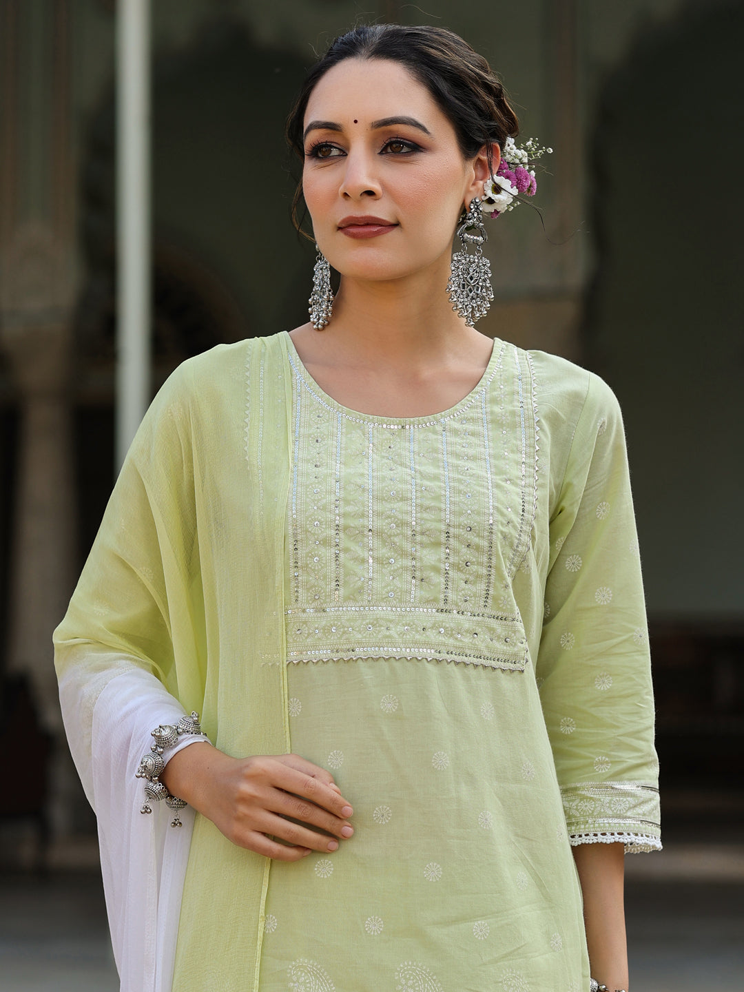 Juniper Women's Lime Green Cambric Floral Print Kurta Sharara & Dupatta Set