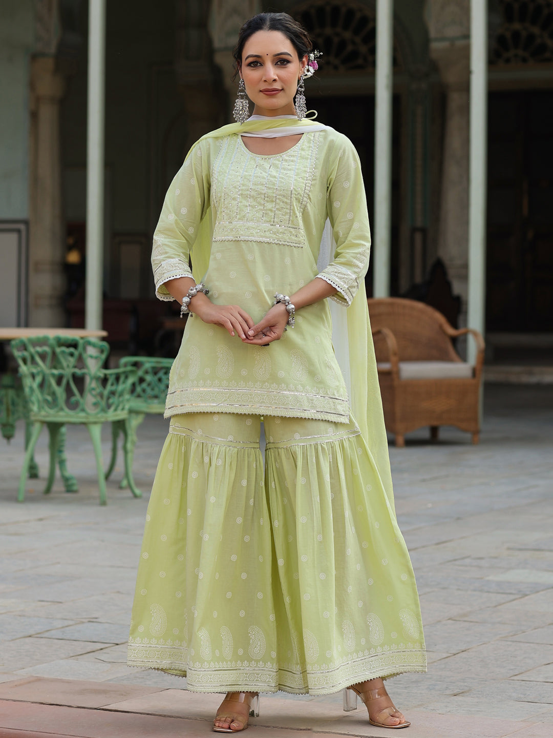 Juniper Lime Green Ethnic Motif Print Pure Cotton Lacy Kurta Sharara & Dupatta Set With Beads & Sequins Work