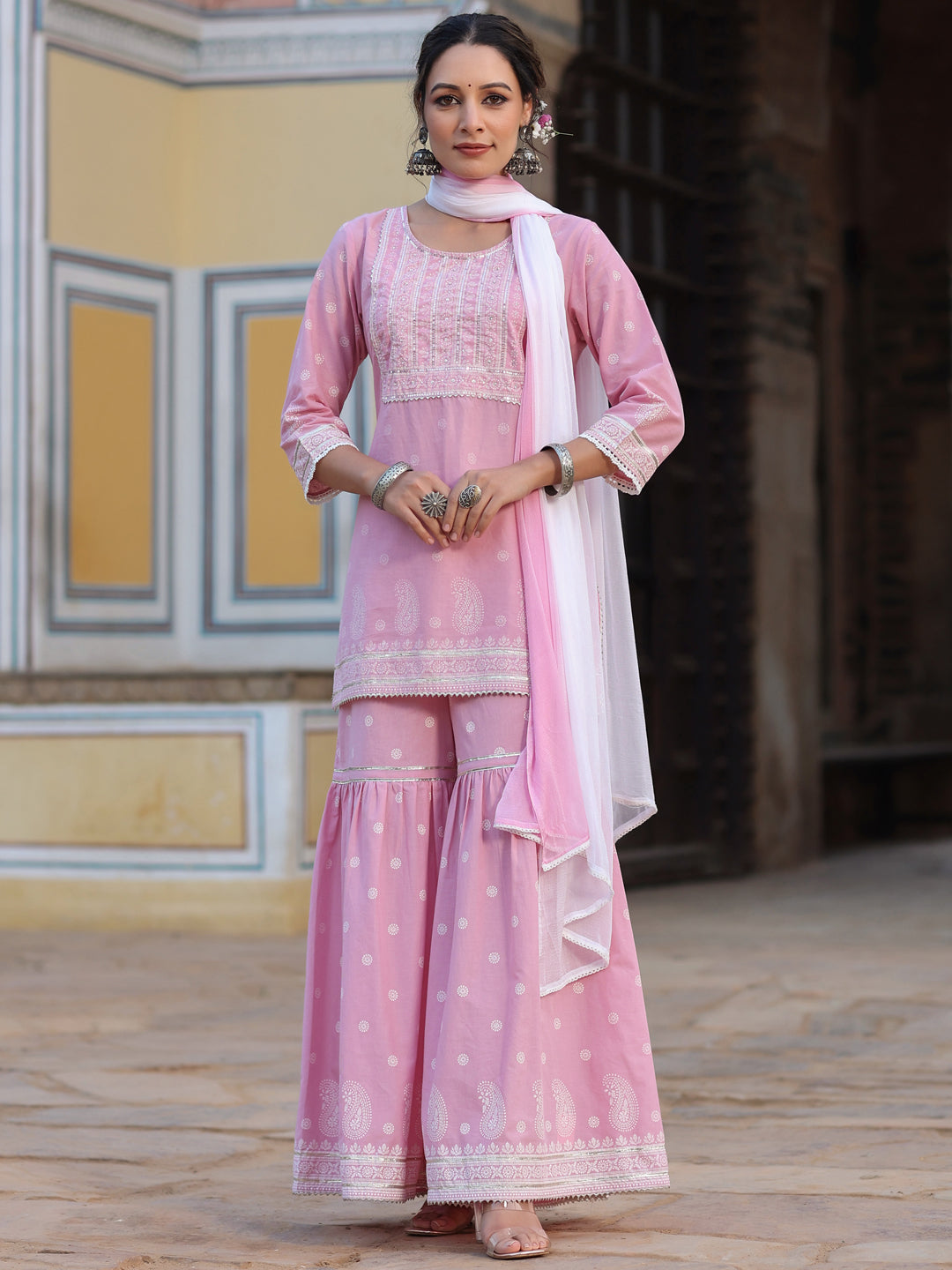 Juniper Women's Pink Cambric Floral Print Kurta Sharara & Dupatta Set