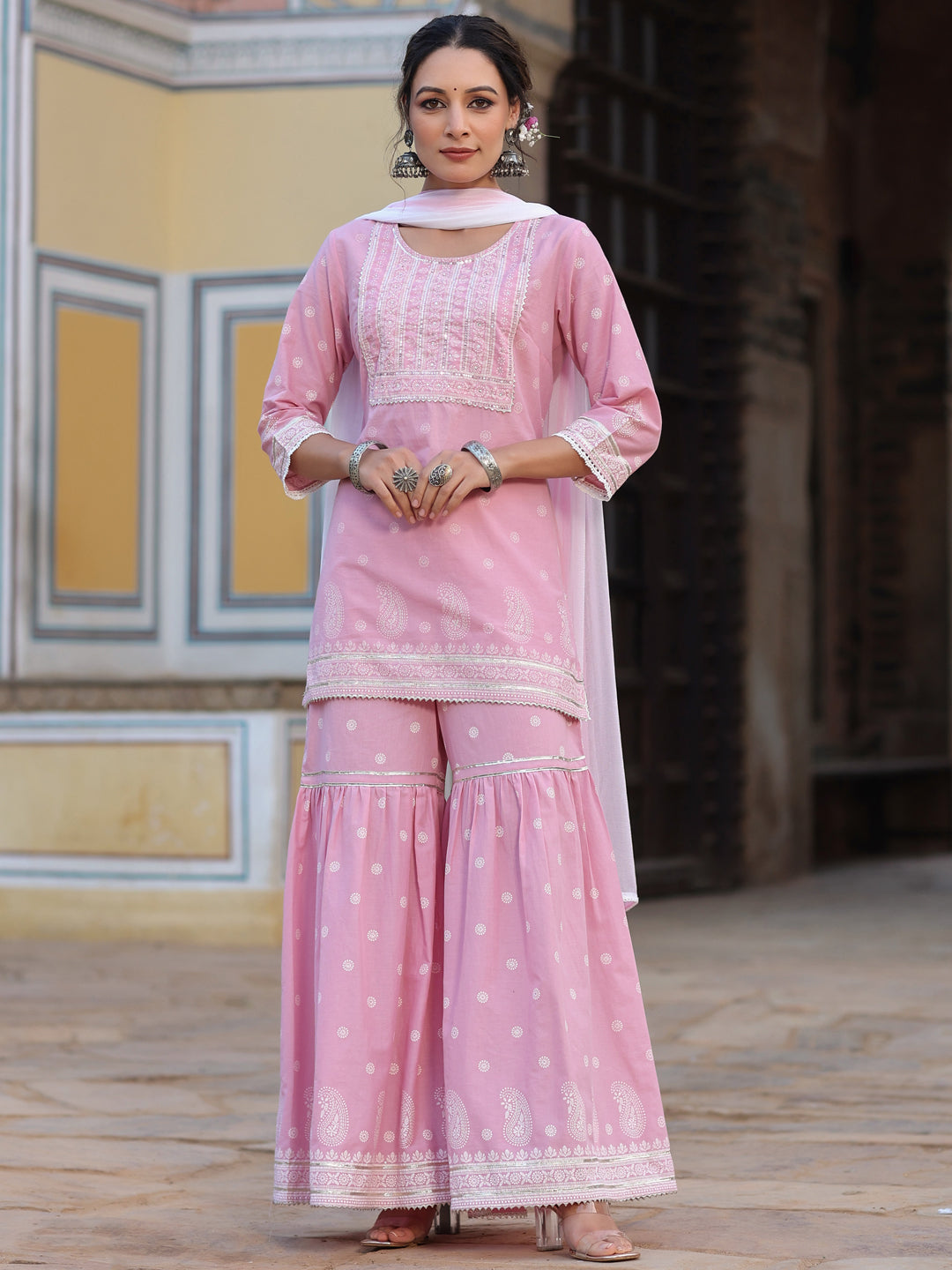 Juniper Women's Pink Cambric Floral Print Kurta Sharara & Dupatta Set