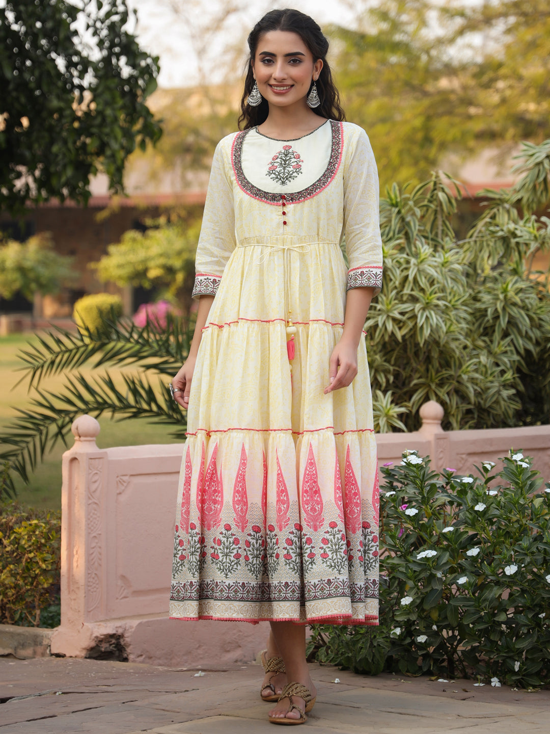 Juniper  Yellow Ethnic Motif Printed Cotton Voile Maxi Dress With Thread Embroidery