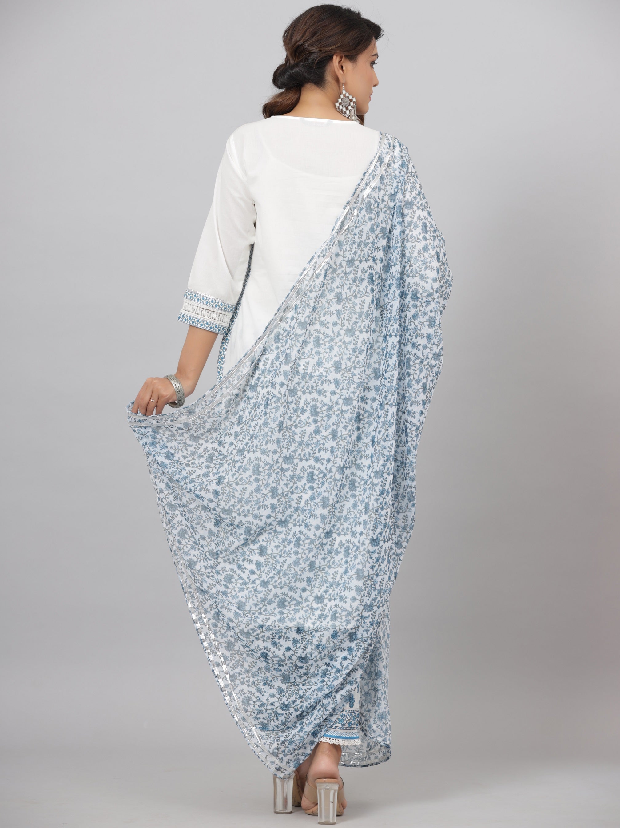 Juniper Women's White Cotton Cambric Solid Kurta Floral Printed Pant & Dupatta Set
