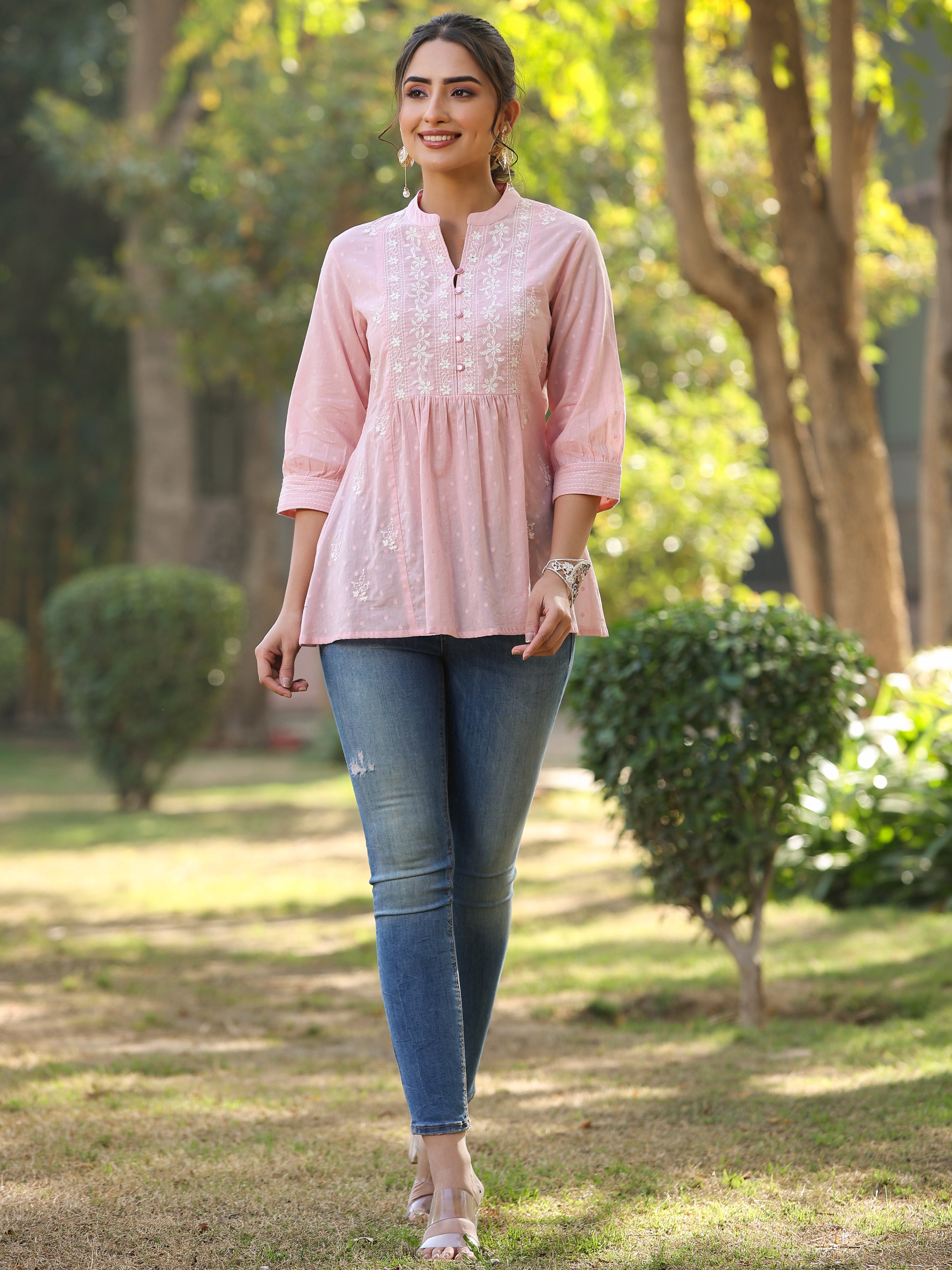 Juniper Women's Pink Cotton Dobby Solid With Embroidered Straight Tunic