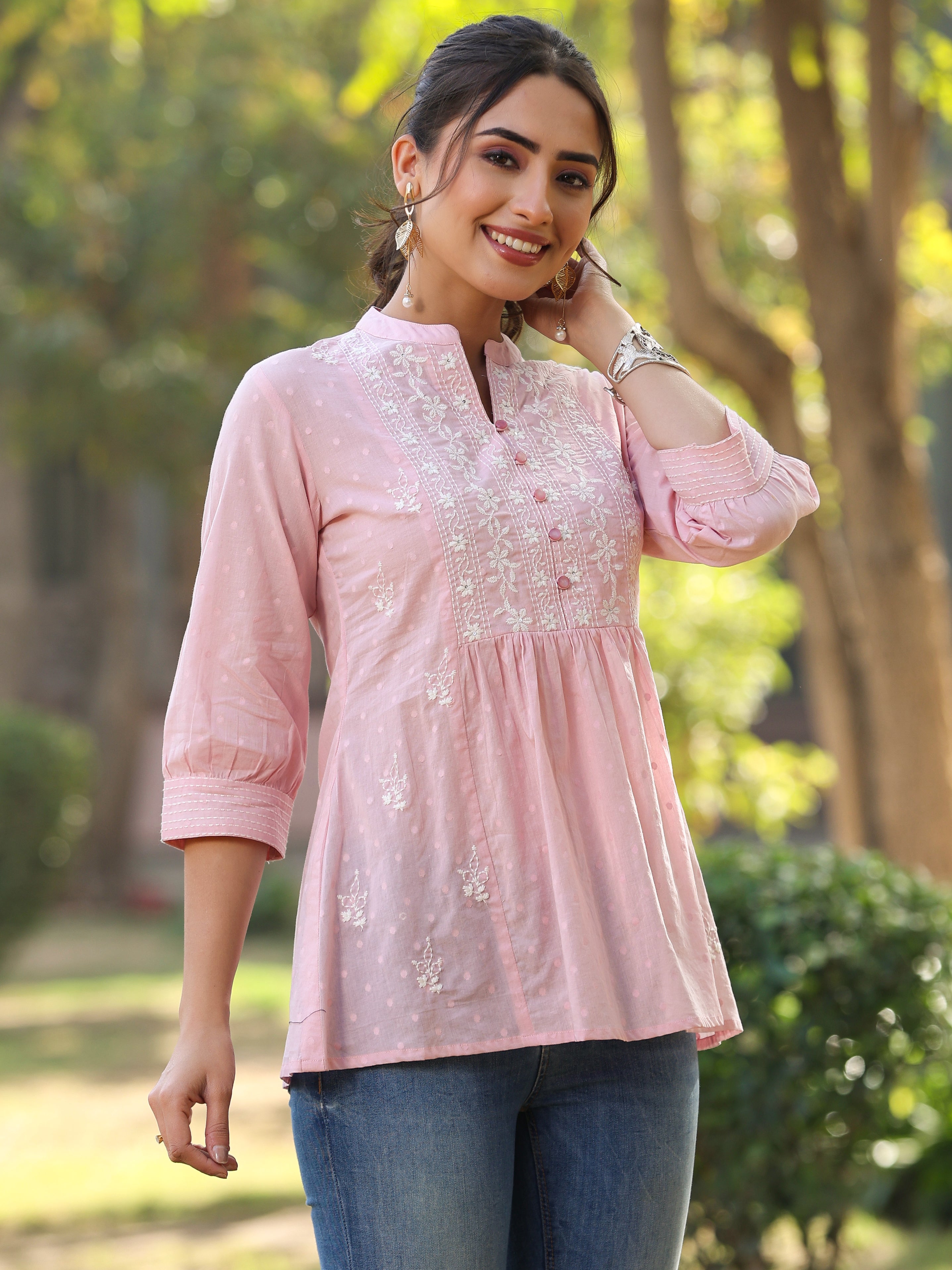 Juniper Women's Pink Cotton Dobby Solid With Embroidered Straight Tunic