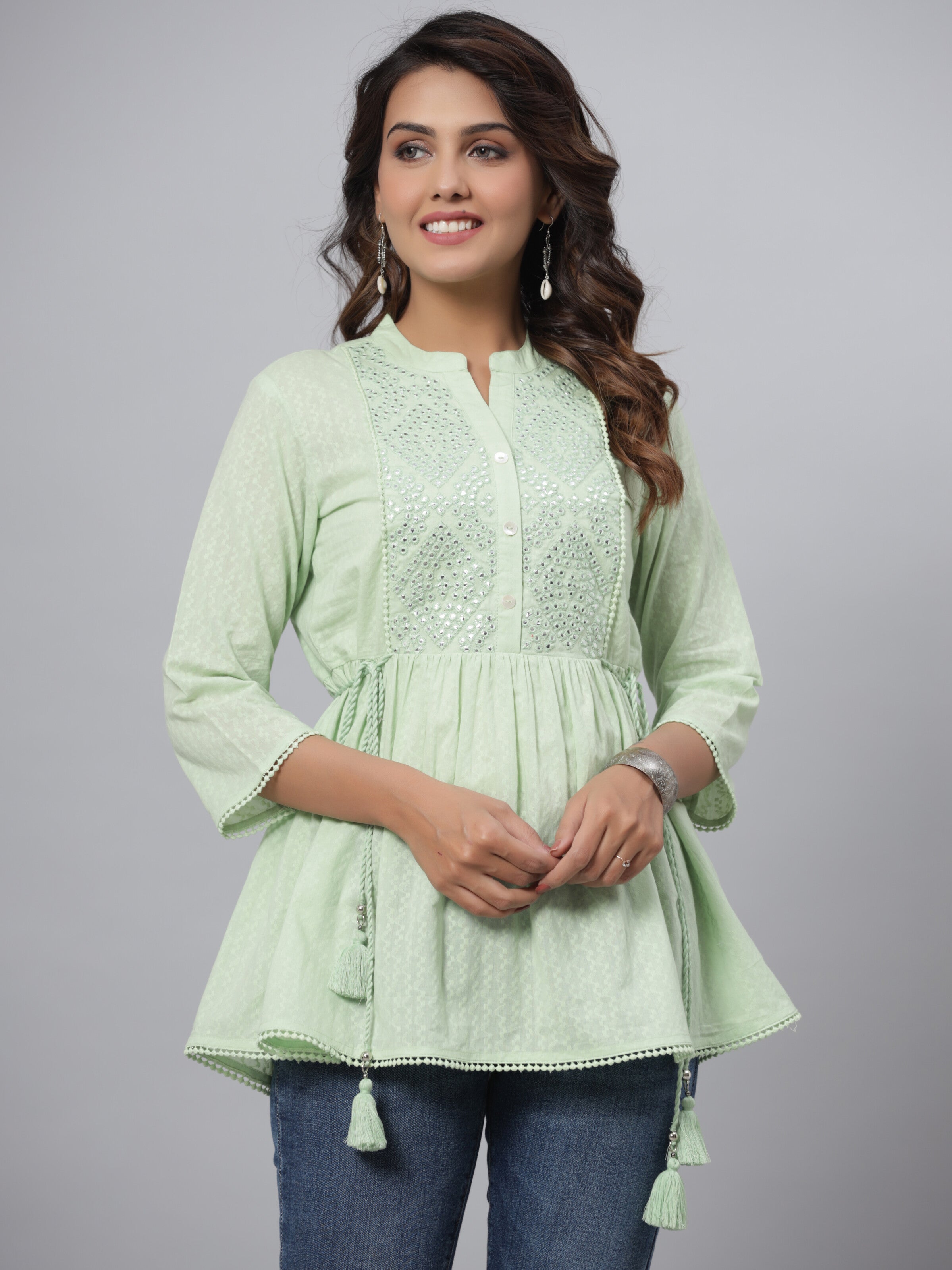 Juniper Women's Green Cotton Dobby Solid With Embroidery Fit & Flare Tunic