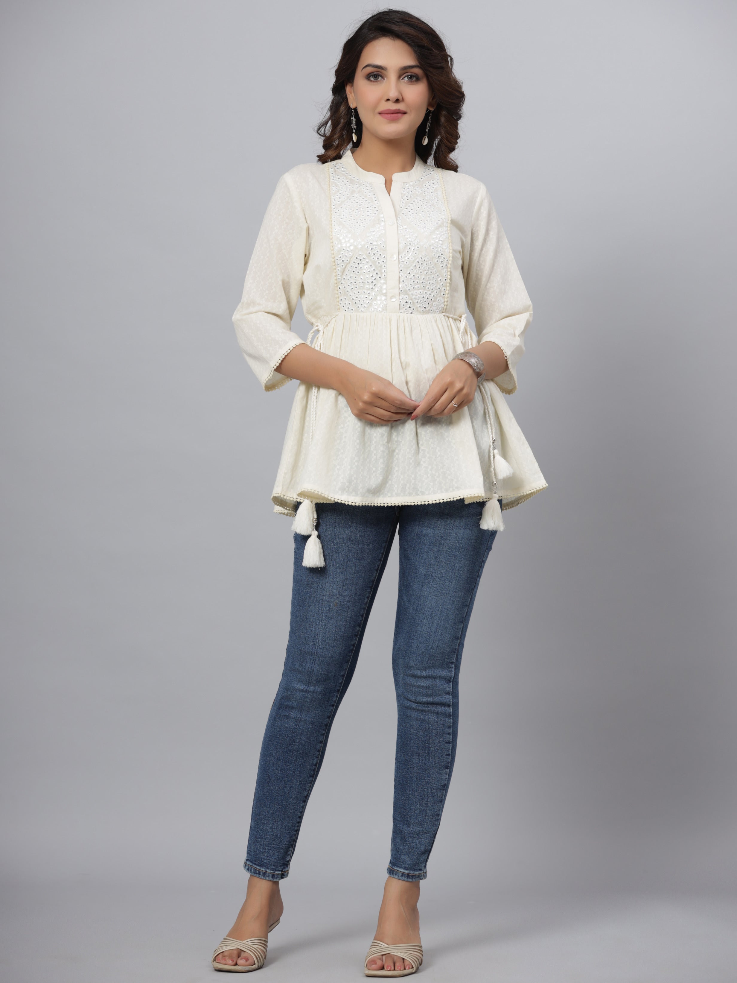 Juniper Women's Offwhite Cotton Dobby Solid With embroidered Straight Tunic