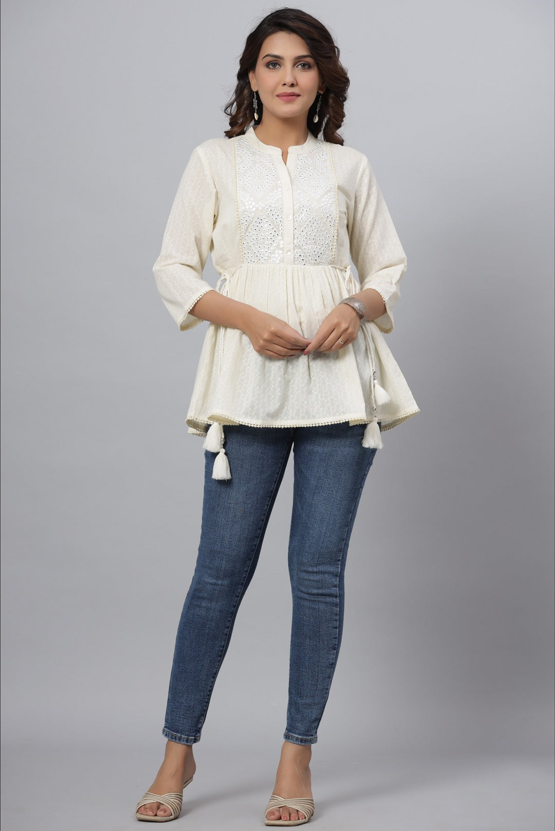 Juniper Off-White Ethnic Motif Printed Cotton Dobby Tunic With Mirror Work Embroidery
