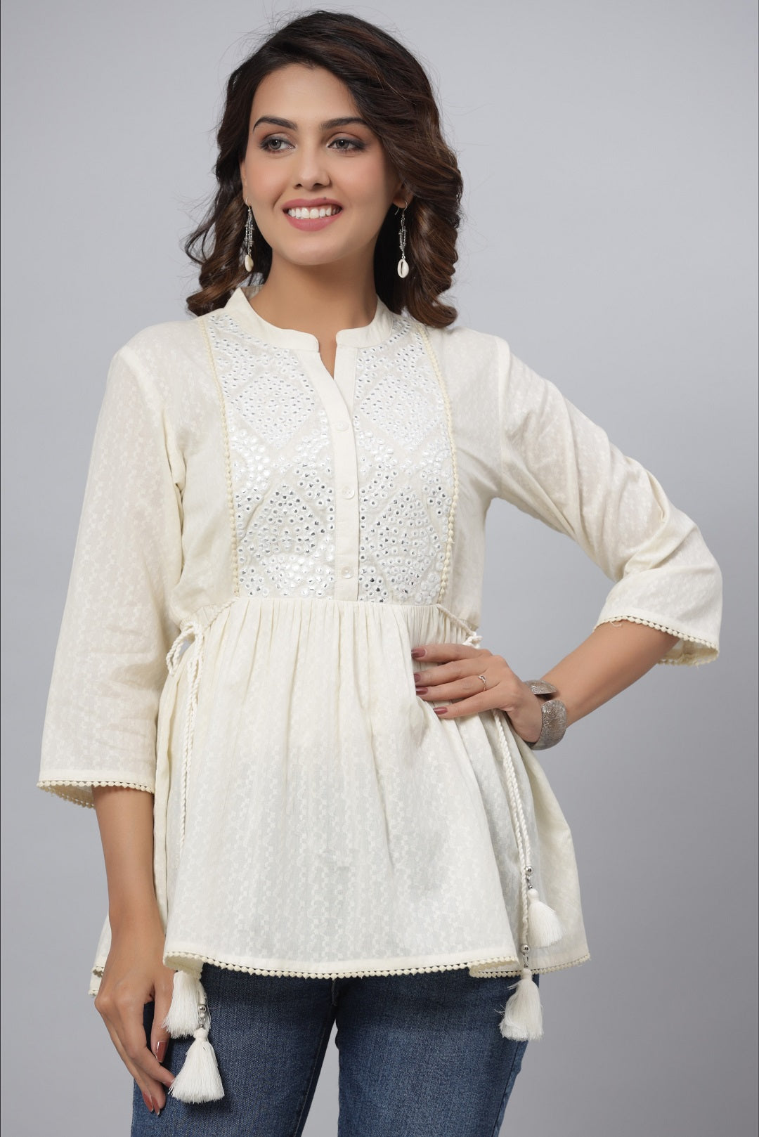 Juniper Off-White Ethnic Motif Printed Cotton Dobby Tunic With Mirror Work Embroidery