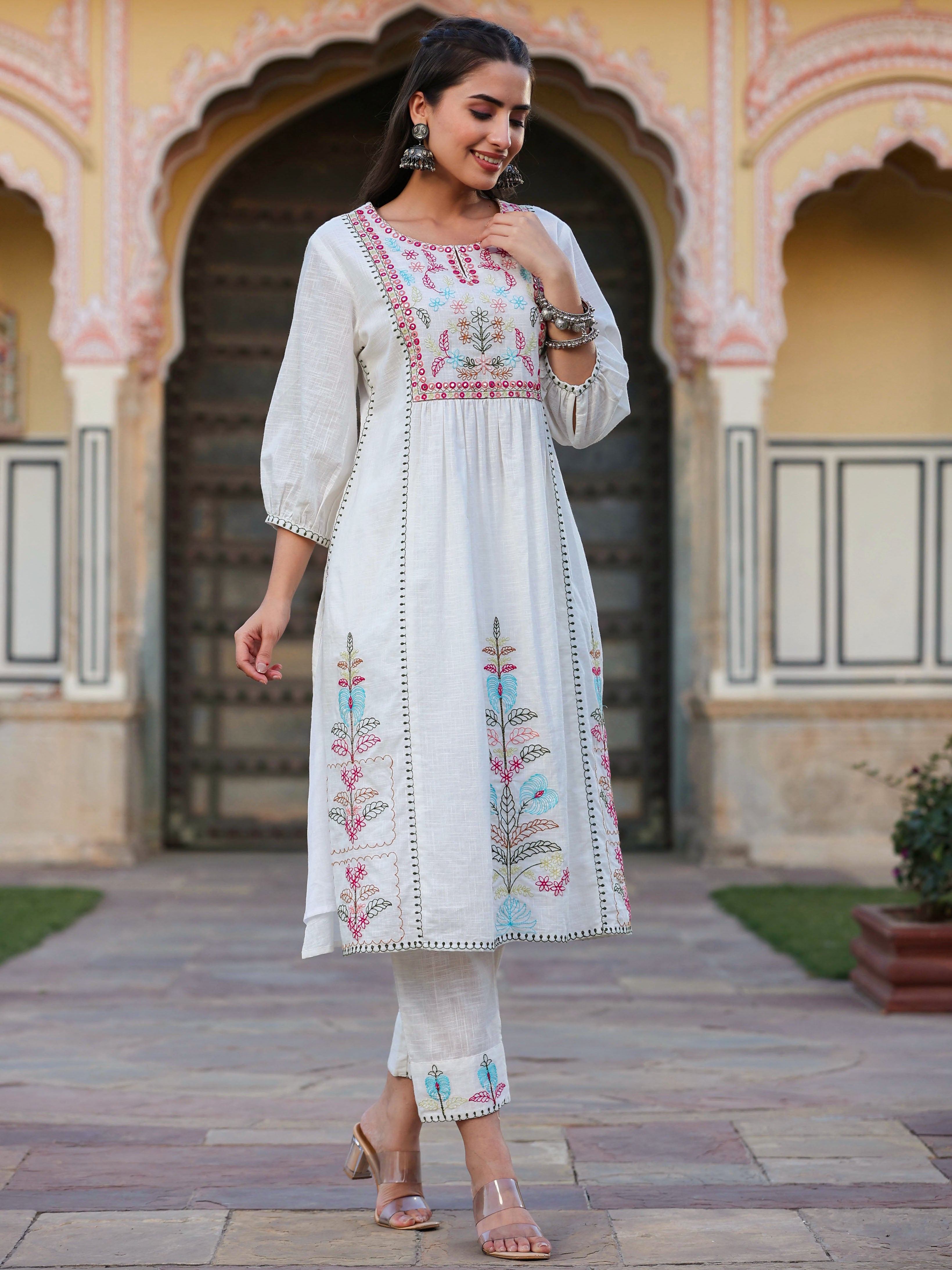 Juniper Women White Cotton Slub Embroidered Kurta & Pant Set