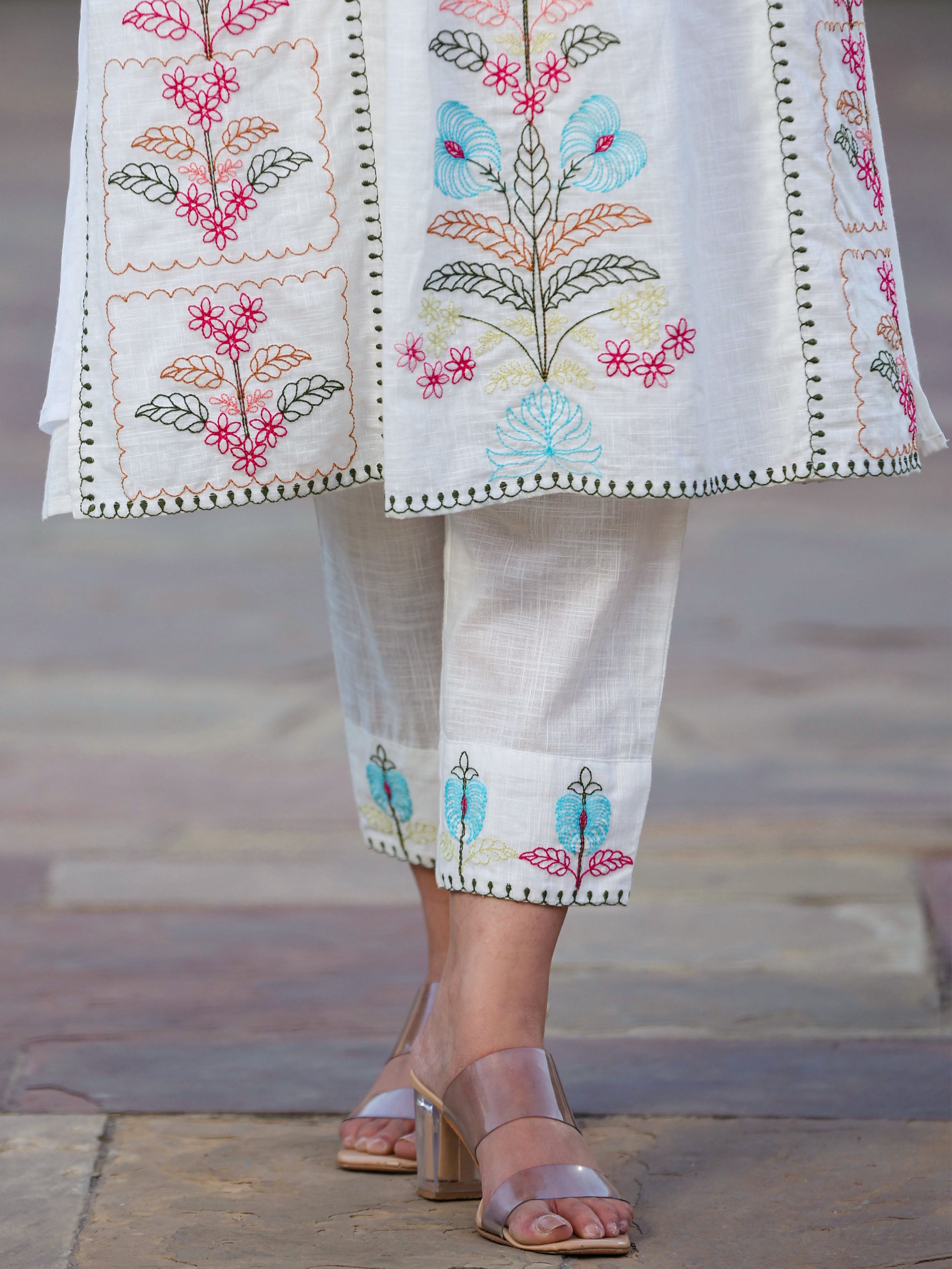 Juniper Women White Cotton Slub Embroidered Kurta & Pant Set