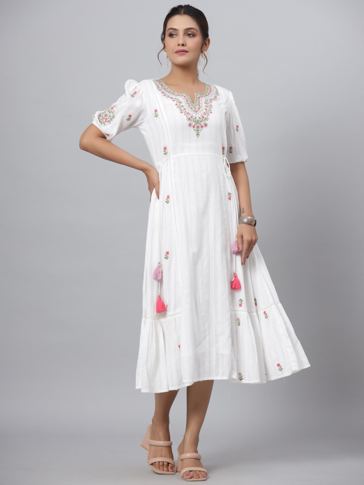 Juniper Women White Cotton Dobby Embroidered Flared Maxi Dress