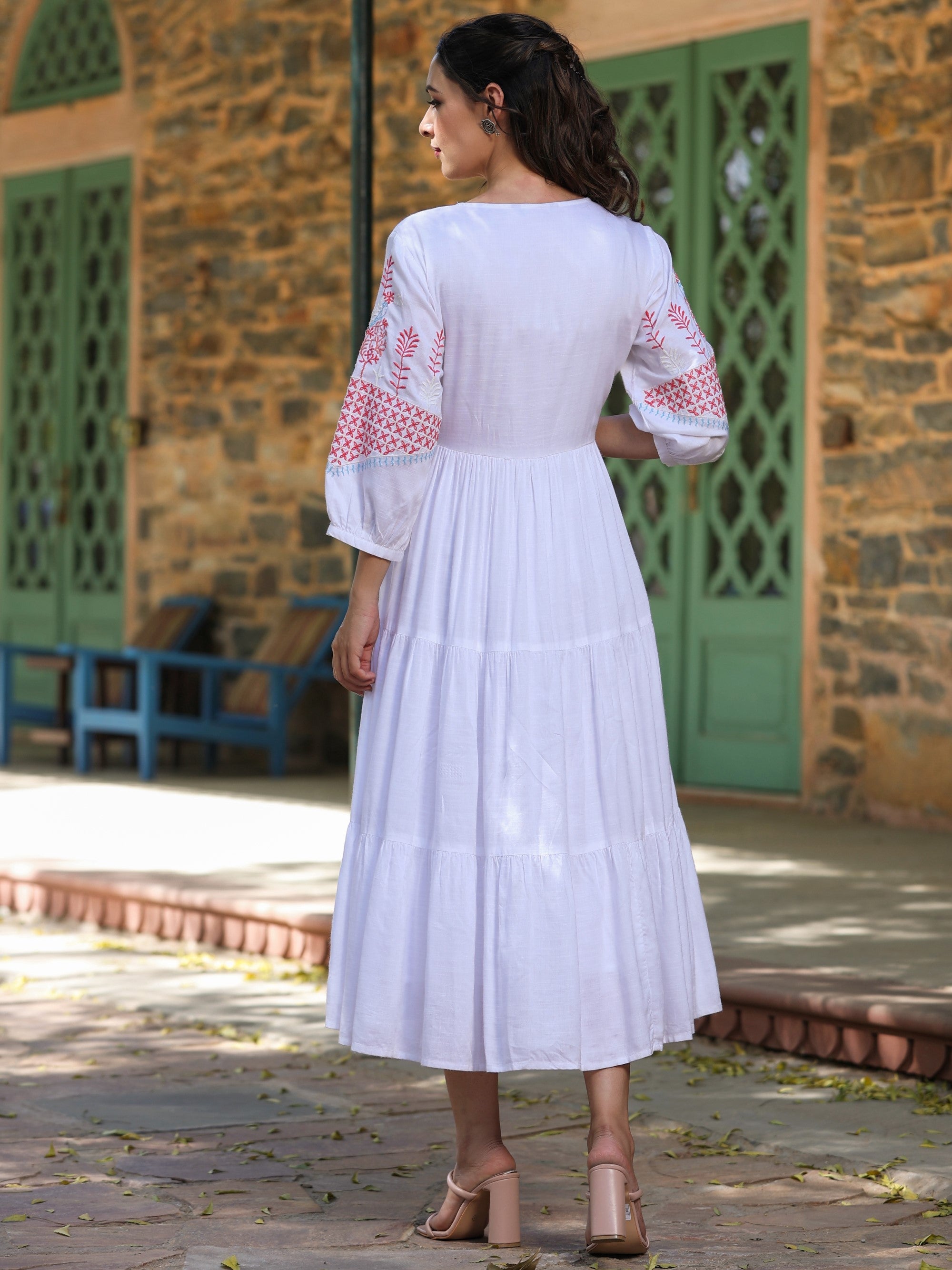 Stripe Tiered Cotton Boho Maxi Dress in White