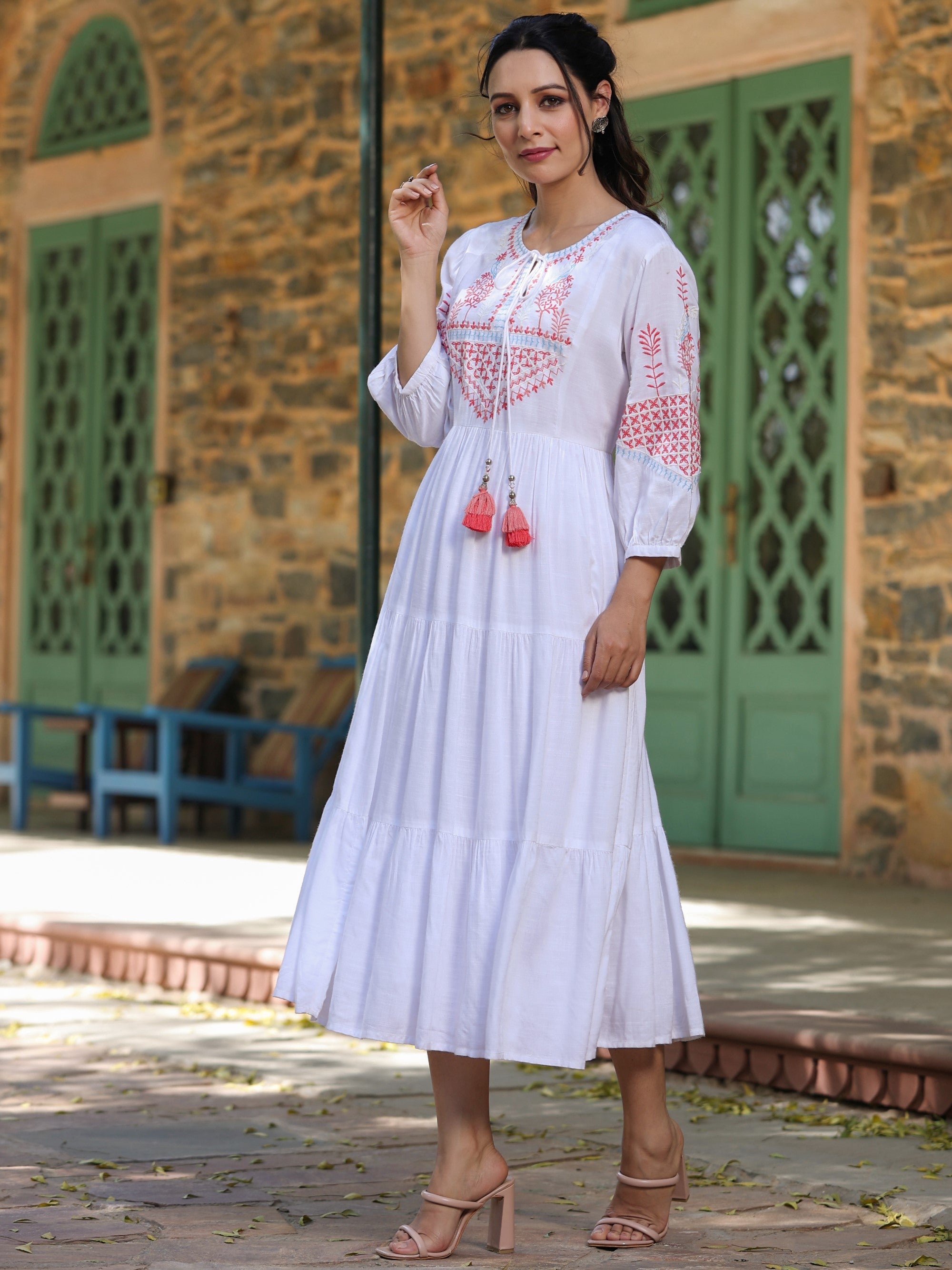 Juniper Women White Rayon Slub Embroidered Tiered Maxi Dress
