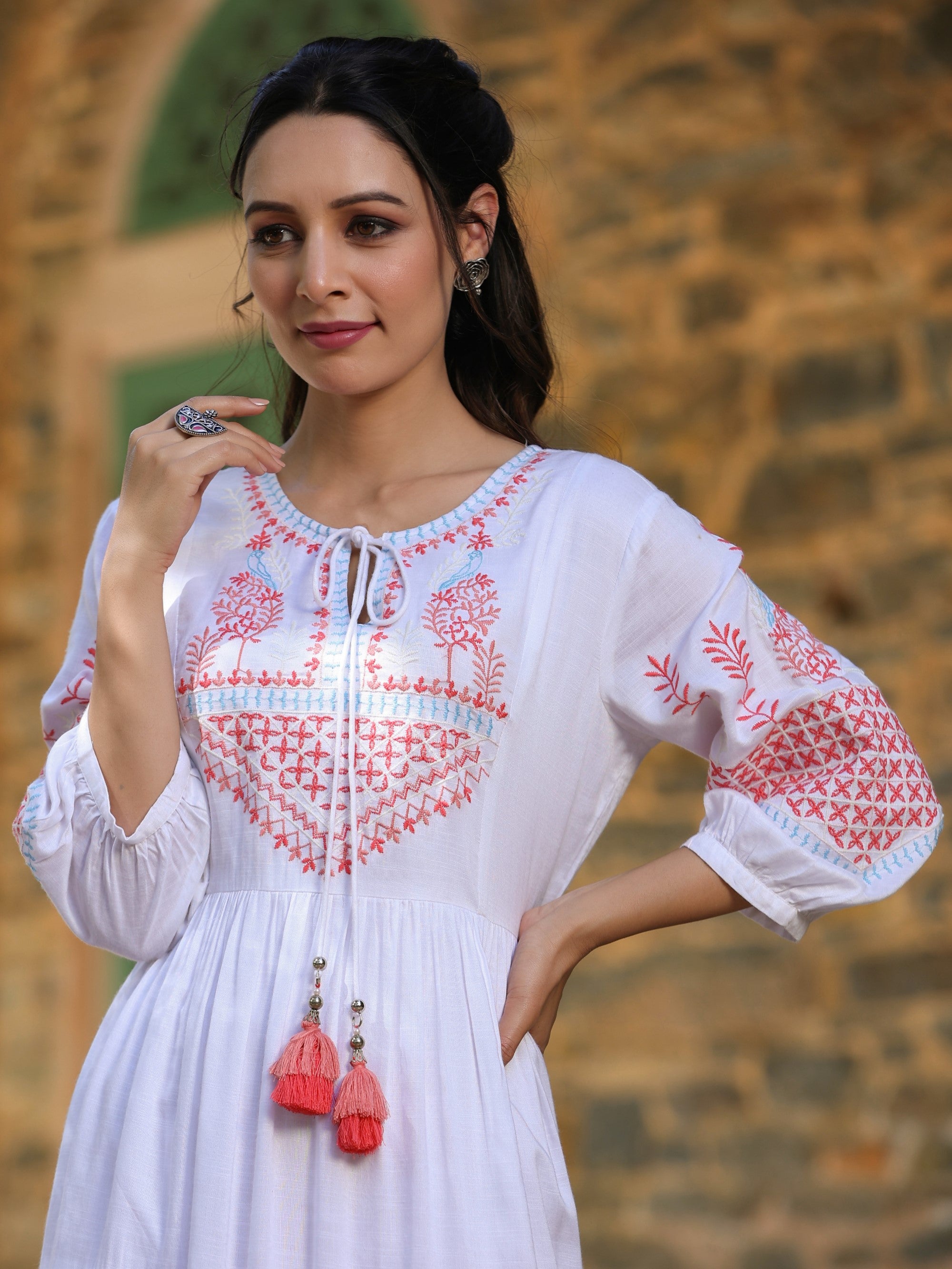 Juniper Women White LIVA Rayon Embroidered Tiered Maxi Dress
