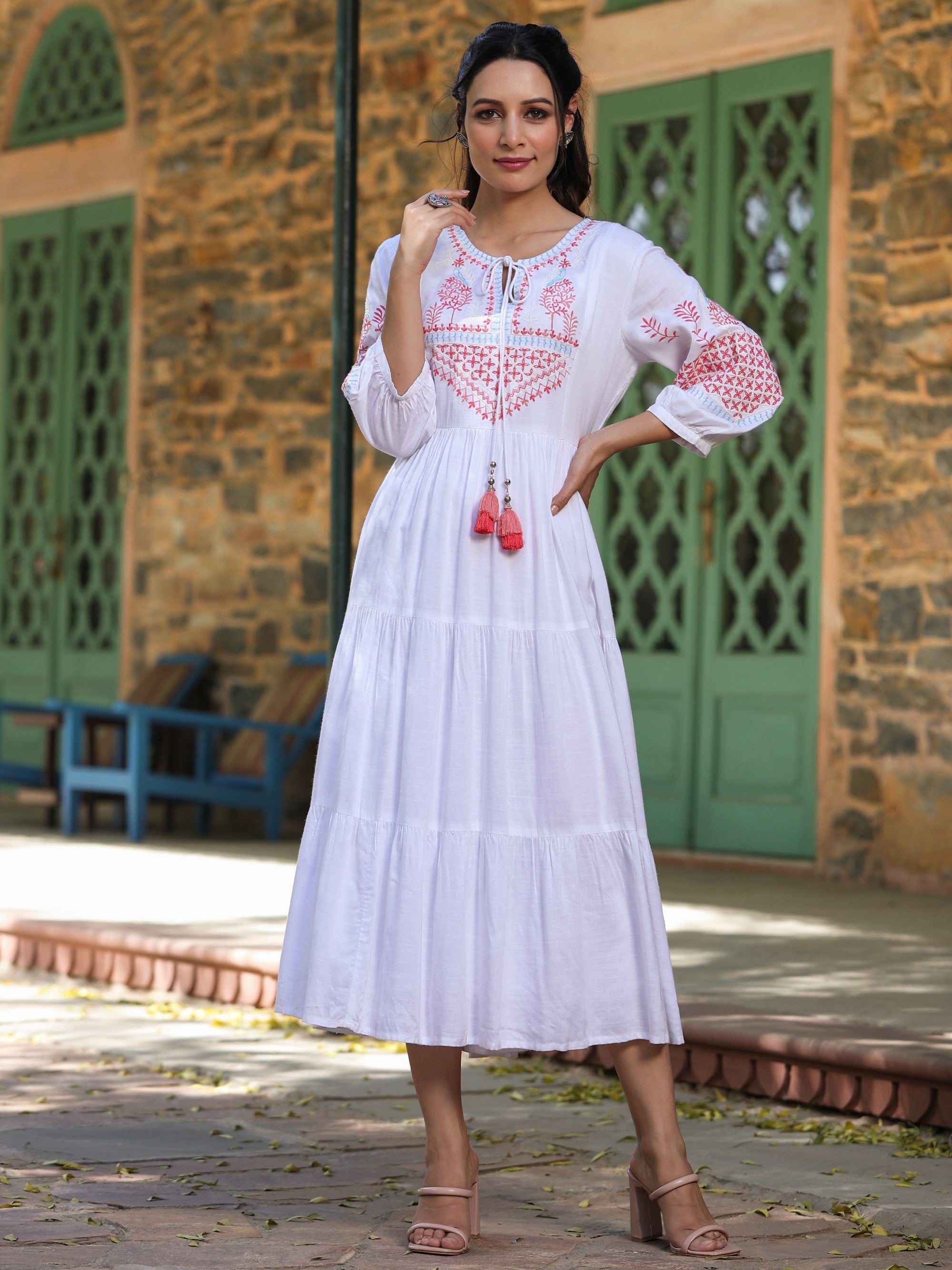 Indian Virasat Women Self Design White Maxi Dress - Absolutely Desi