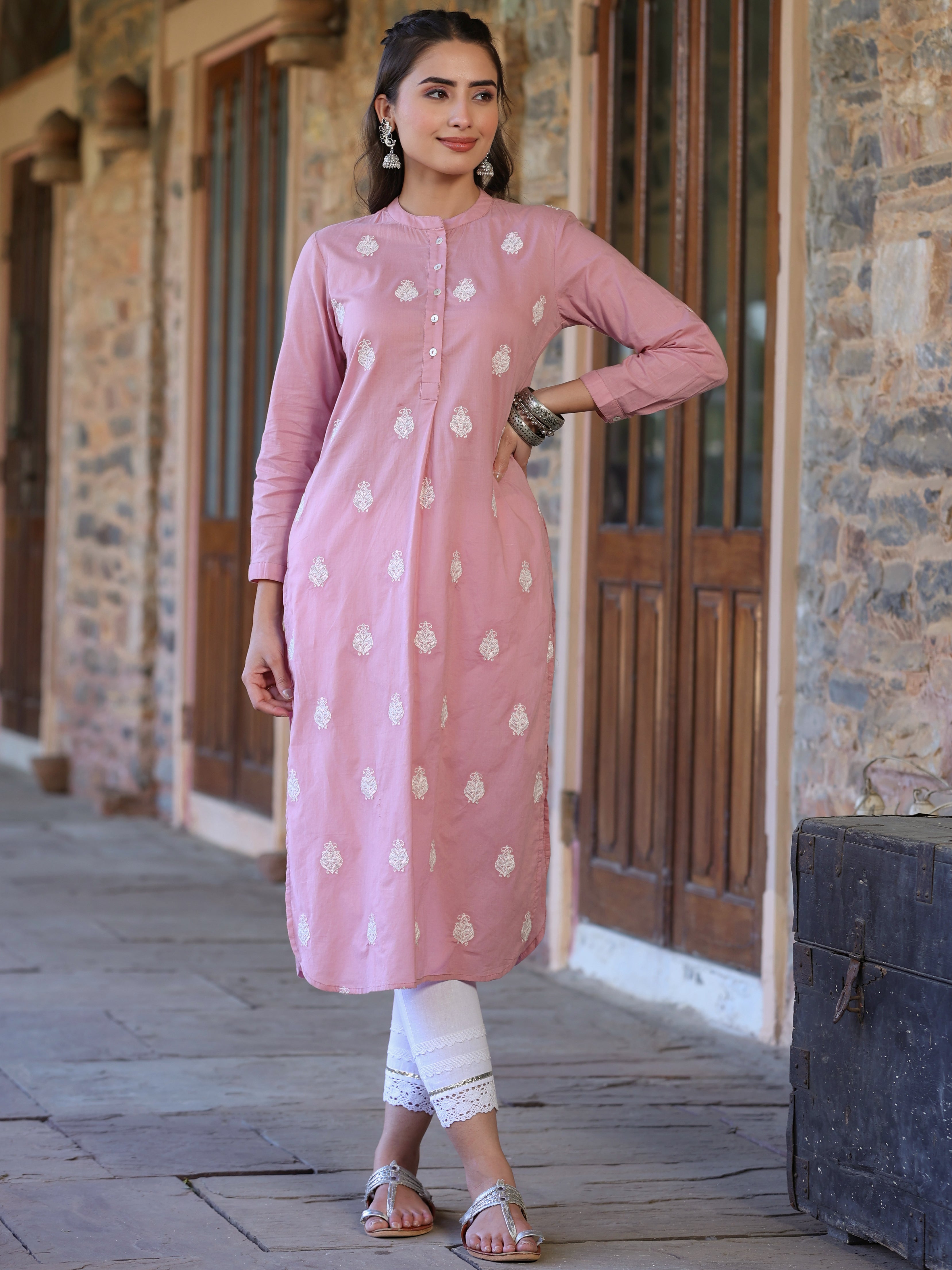 Juniper Women's Pink Cambric Embroidered Straight Kurta