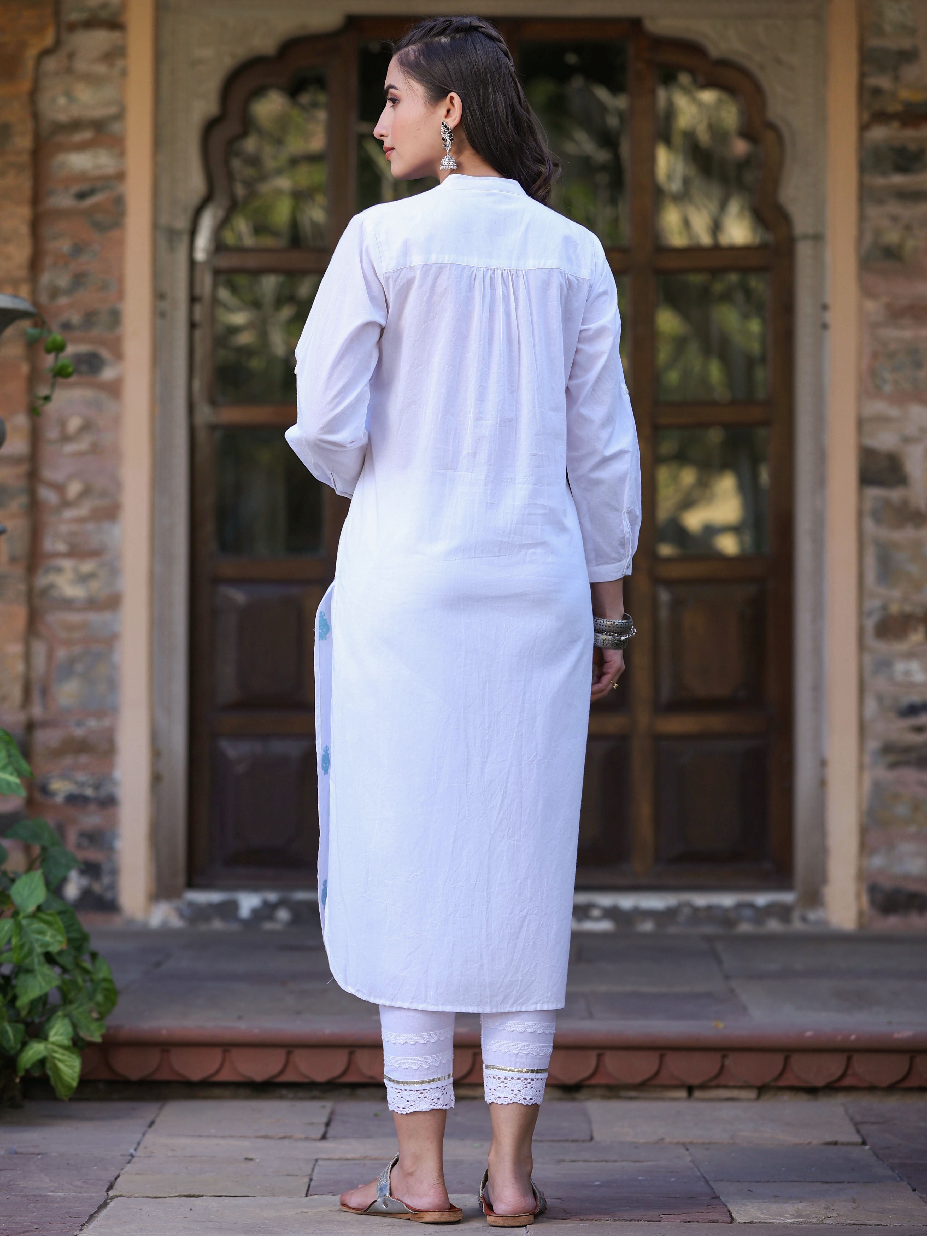 Juniper Women's White Cambric Embroidered Straight Kurta