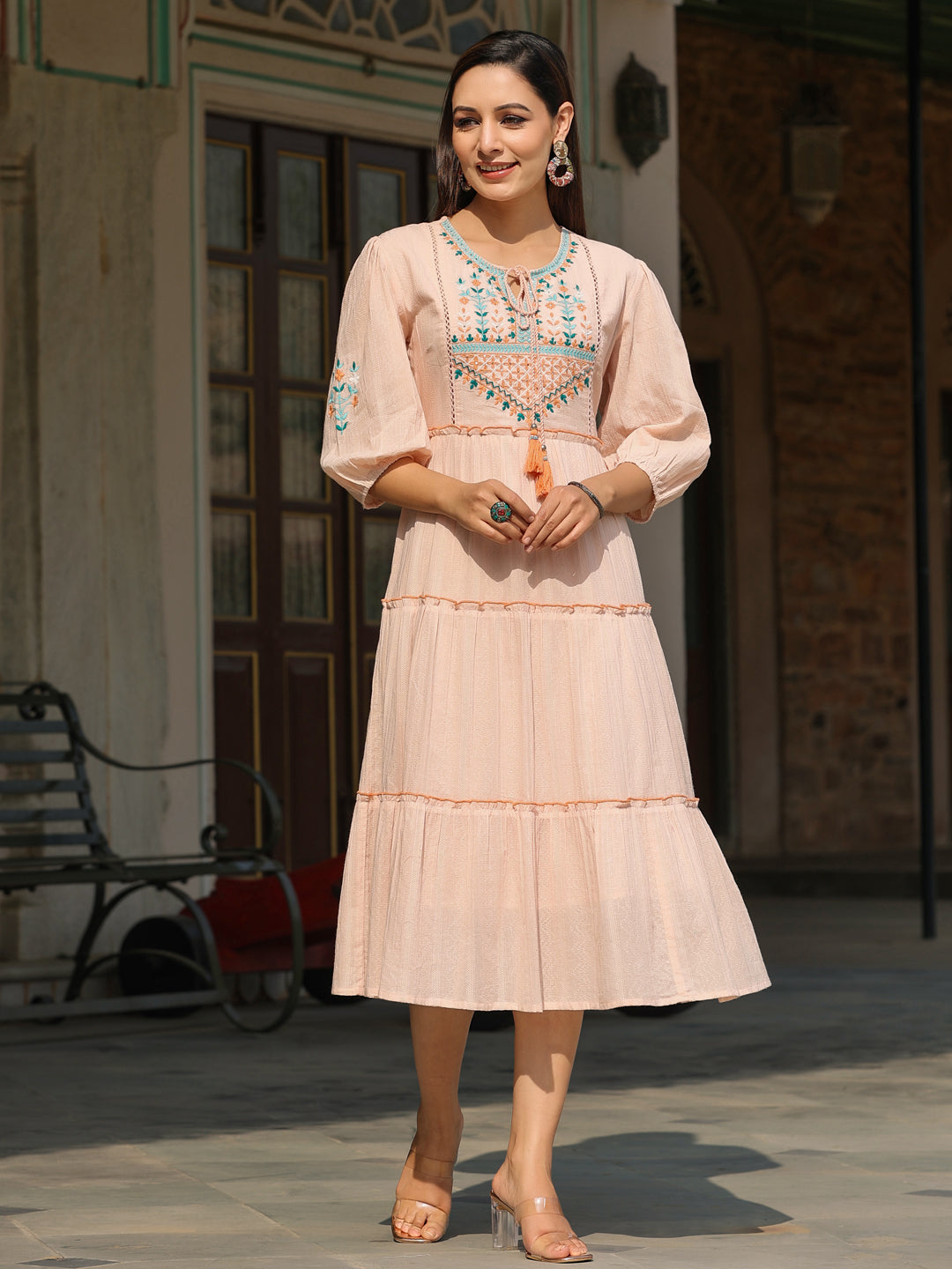 Juniper Women Peach Cotton Dobby Embroidered Tiered Maxi Dress