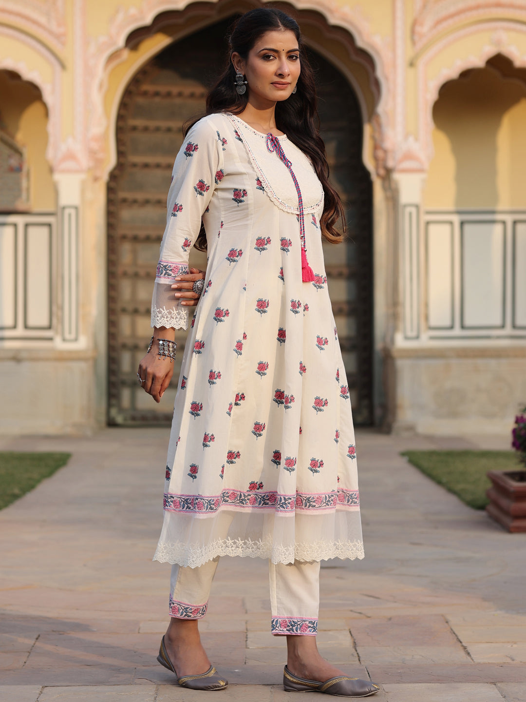 Juniper Women Off-White Cotton Cambric Printed Kalidar Kurta & Pants Set