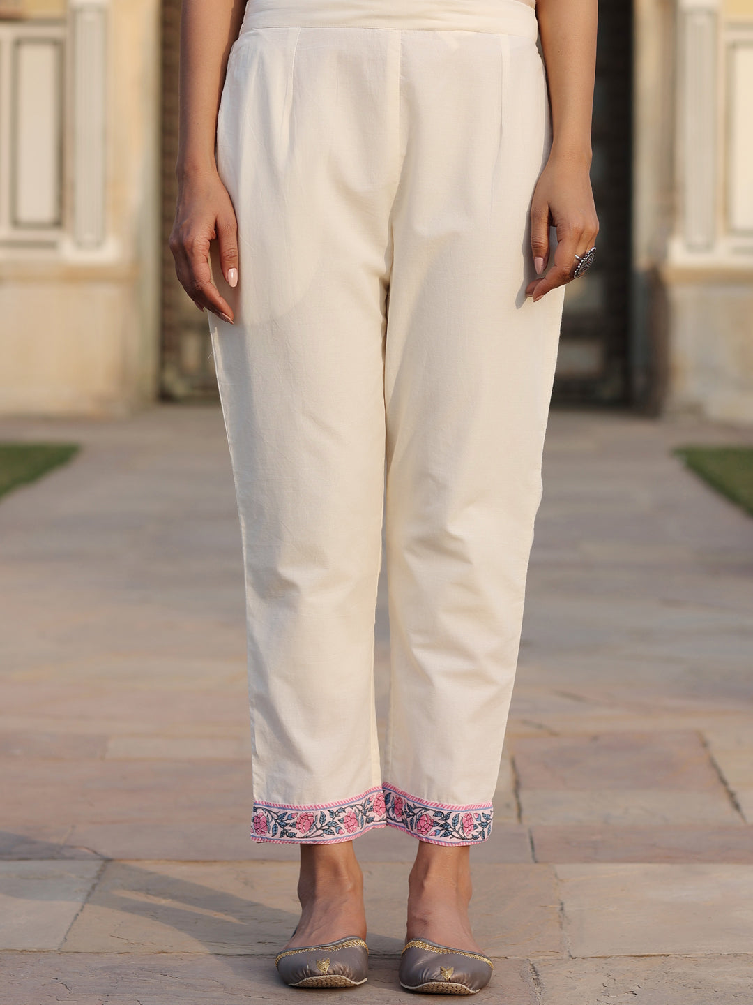 Juniper Women Off-White Cotton Cambric Printed Kalidar Kurta & Pants Set