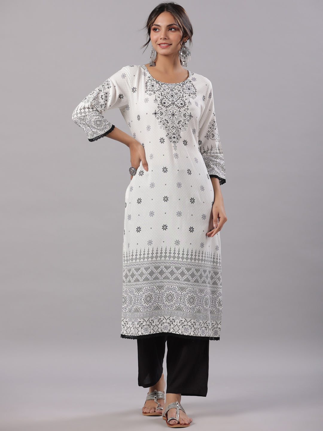 Juniper Women White Rayon Staple Printed Kurta, Pants & Dupatta Set