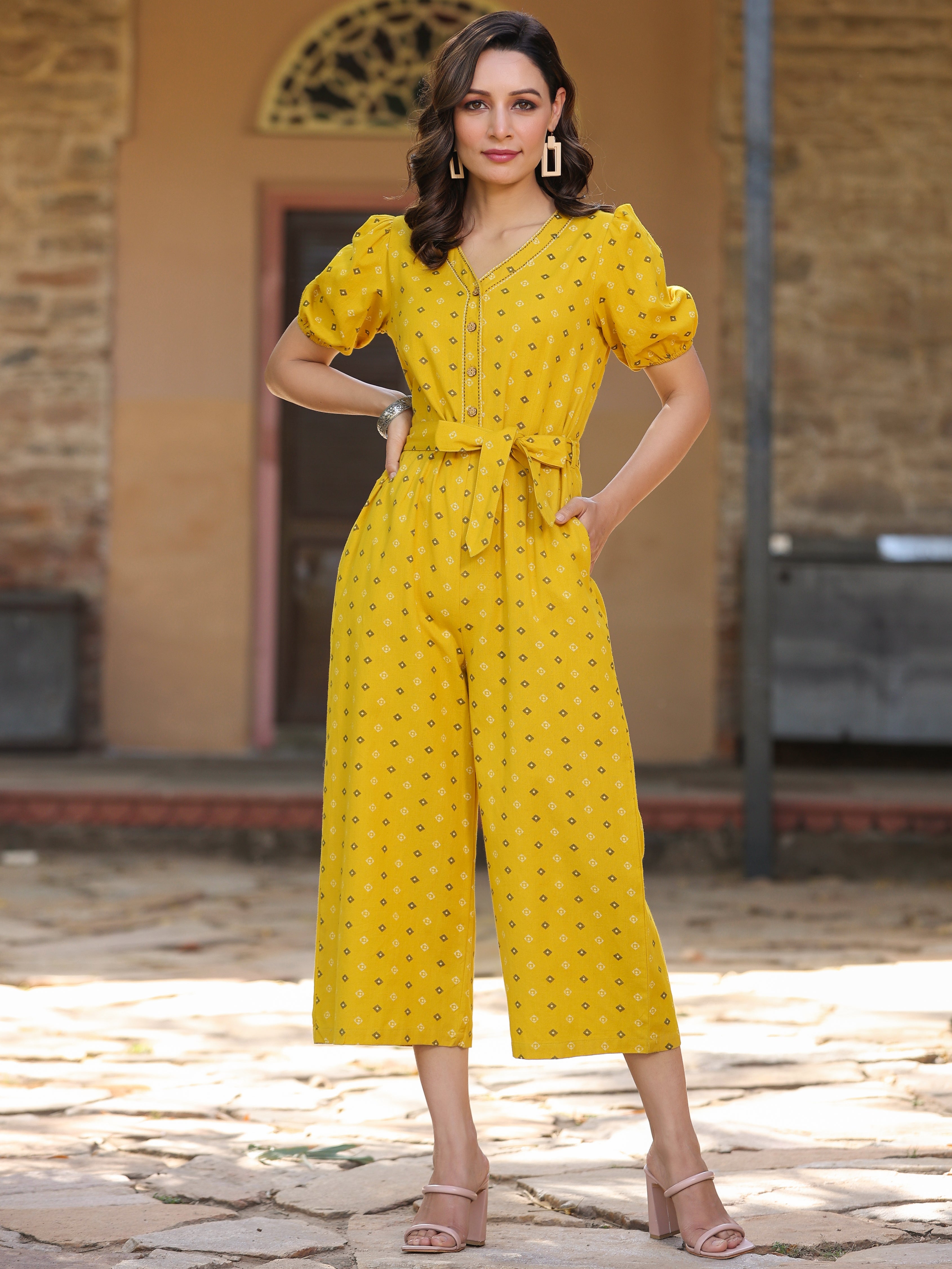 Juniper  Mustard Geometric Printed Cotton Flex Jumpsuit With thread embroidery