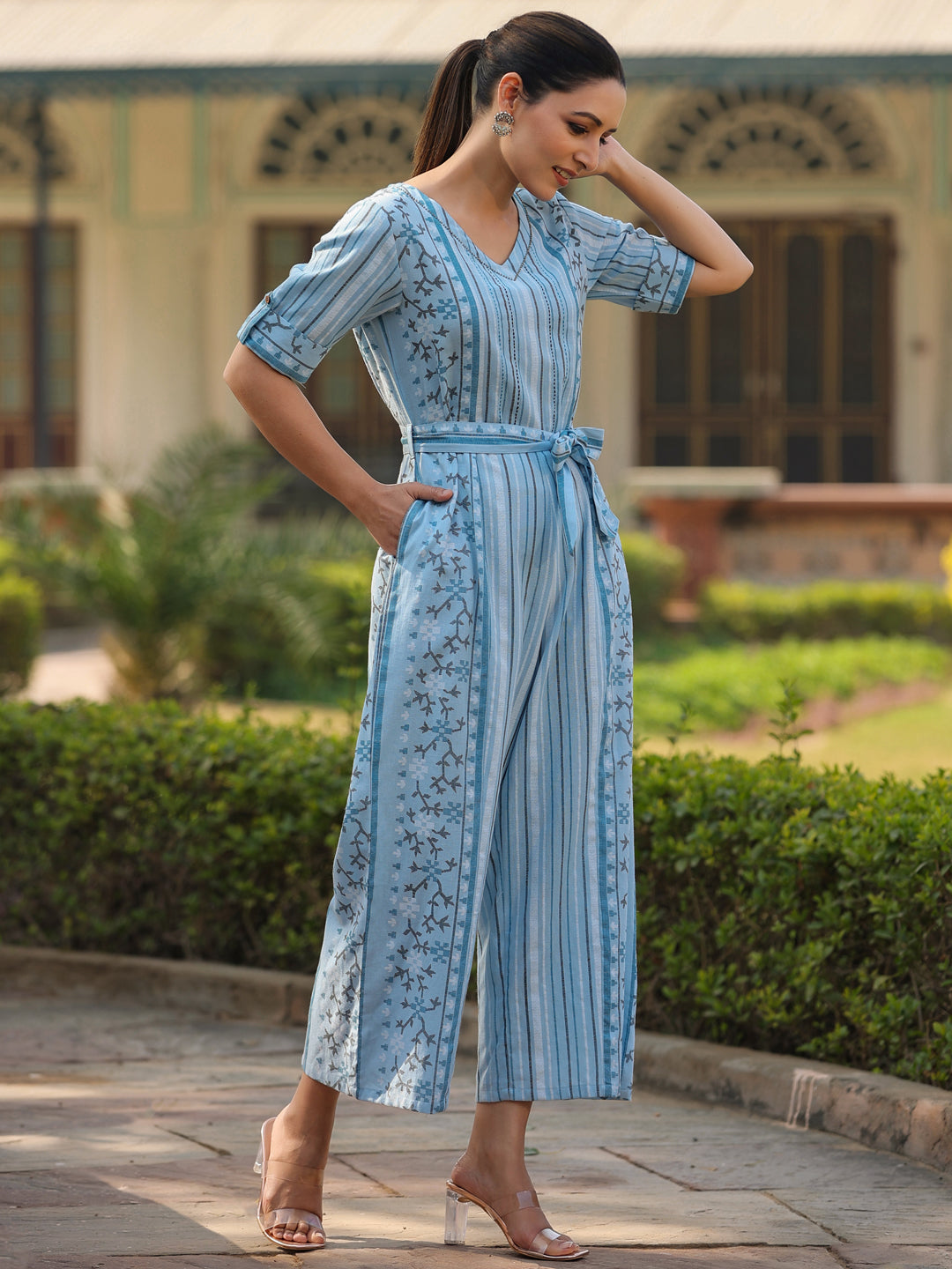 Juniper Women Sky-Blue Cotton Flex Jamdani Printed Jumpsuit