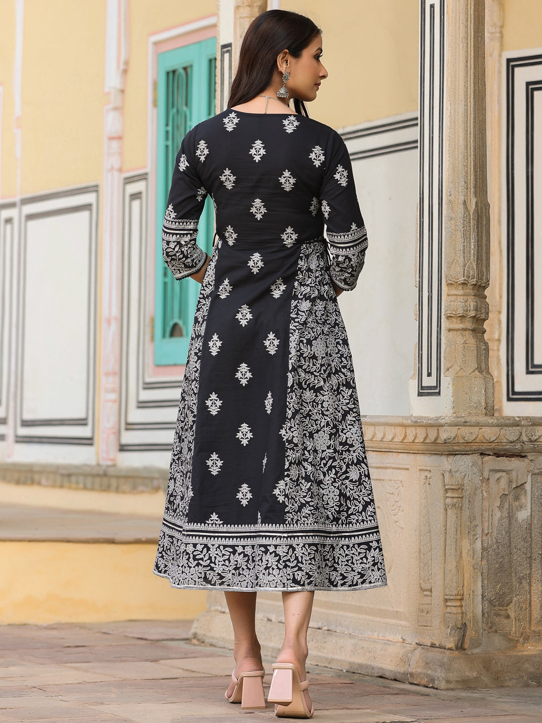 Juniper  Black & White Ethnic Motif Printed Pure Cotton Flared Maxi Dress With Beads & Sequins