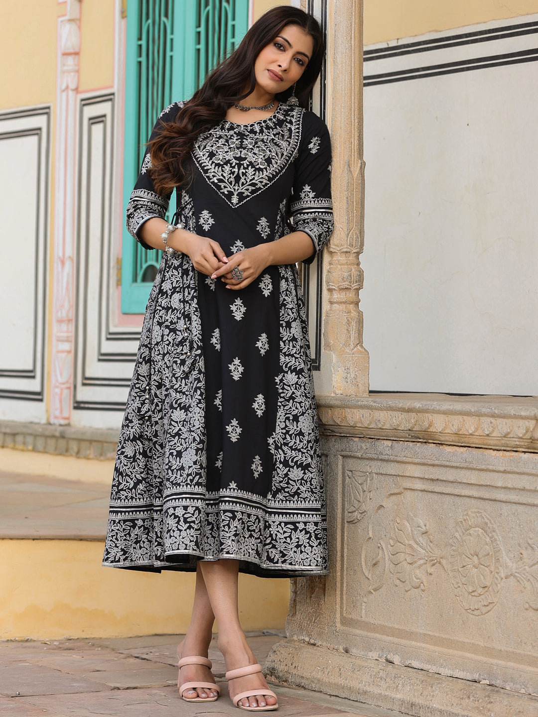 Juniper Women Black Cotton Cambric Aari Printed Maxi Dress