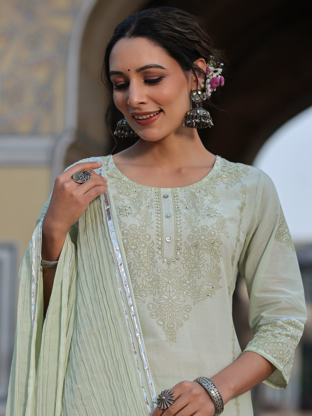 Juniper Women Pista Green Cotton Cambric Aari Printed Kurta, Sharara & Dupatta Set