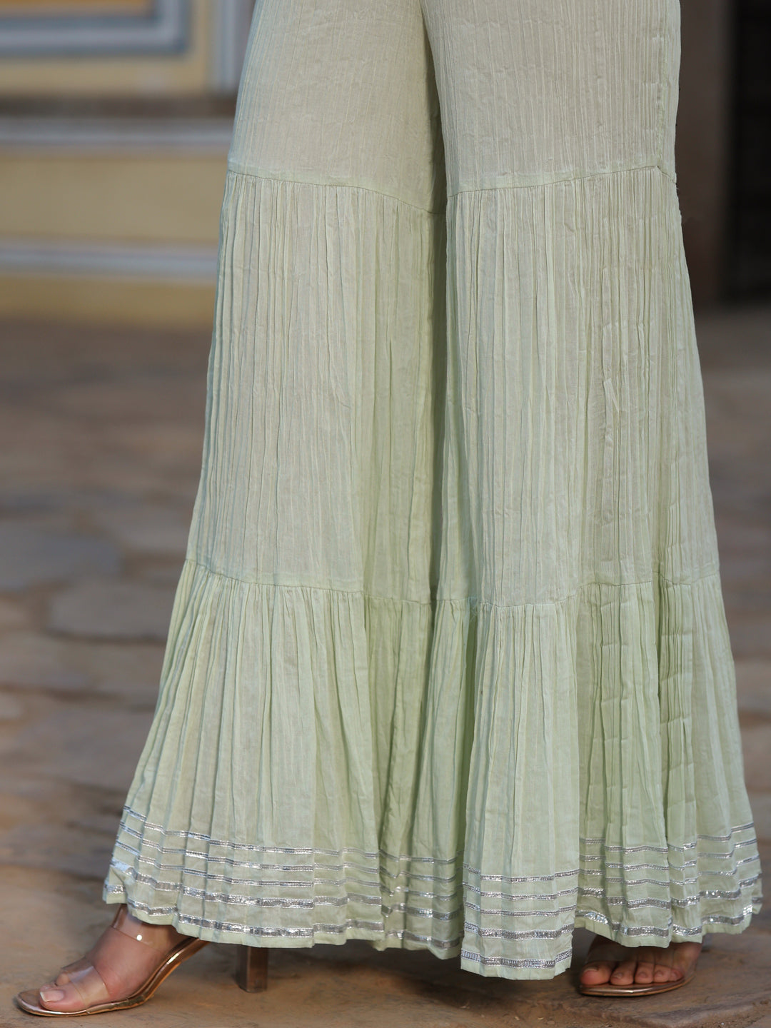 Juniper Women Pista Green Cotton Cambric Aari Printed Kurta, Sharara & Dupatta Set