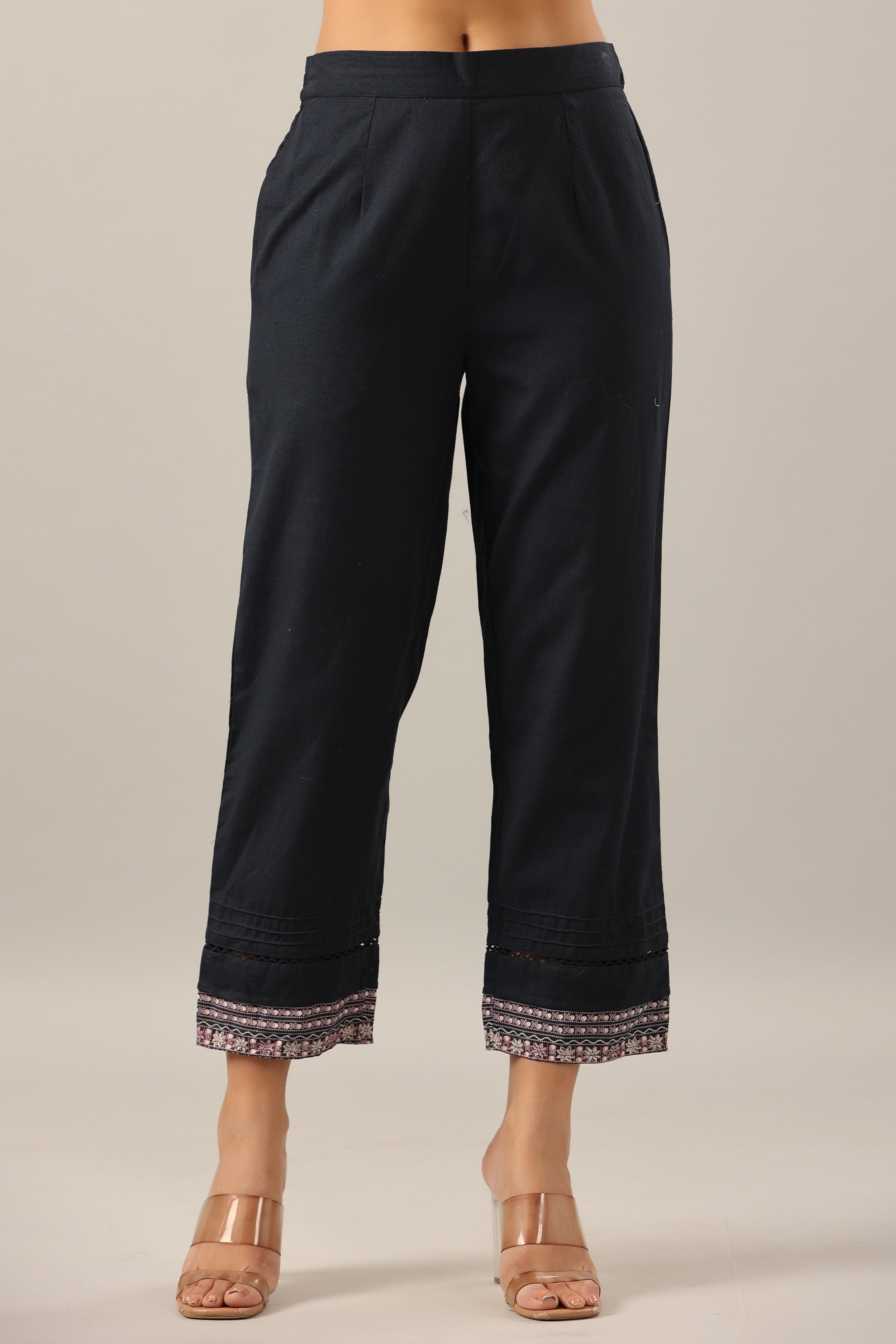 Juniper Navy Blue Solid Cotton Flex Pants With Printed Hem, Pintucks & Lace Work