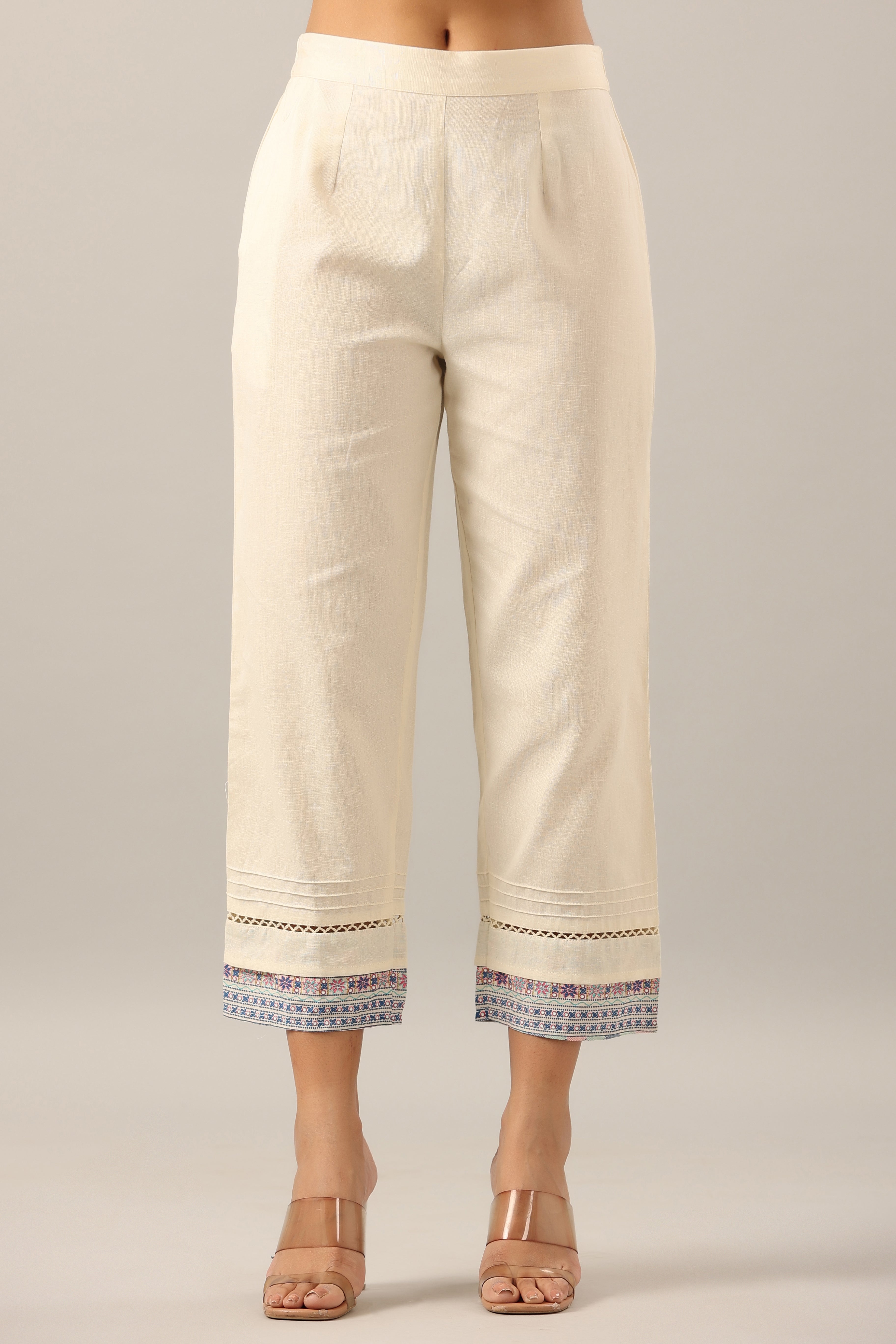 Juniper Off-White Solid Cotton Flex Pants With Printed Hem, Pintucks & Lace Work