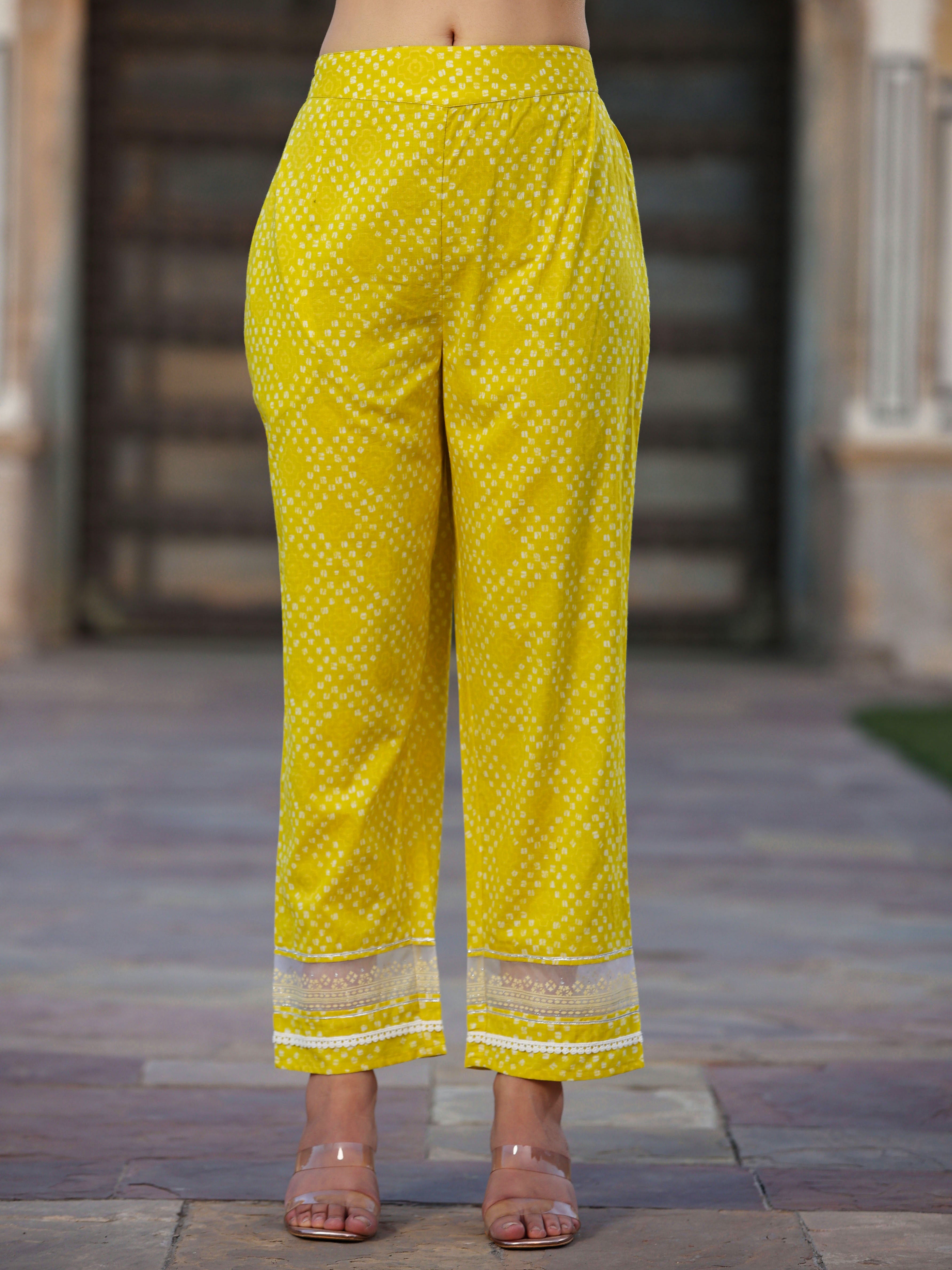 Juniper Women Lime Cotton Cambric Batik Texture Printed Anarkali Kurta, Pants and Dupatta Set