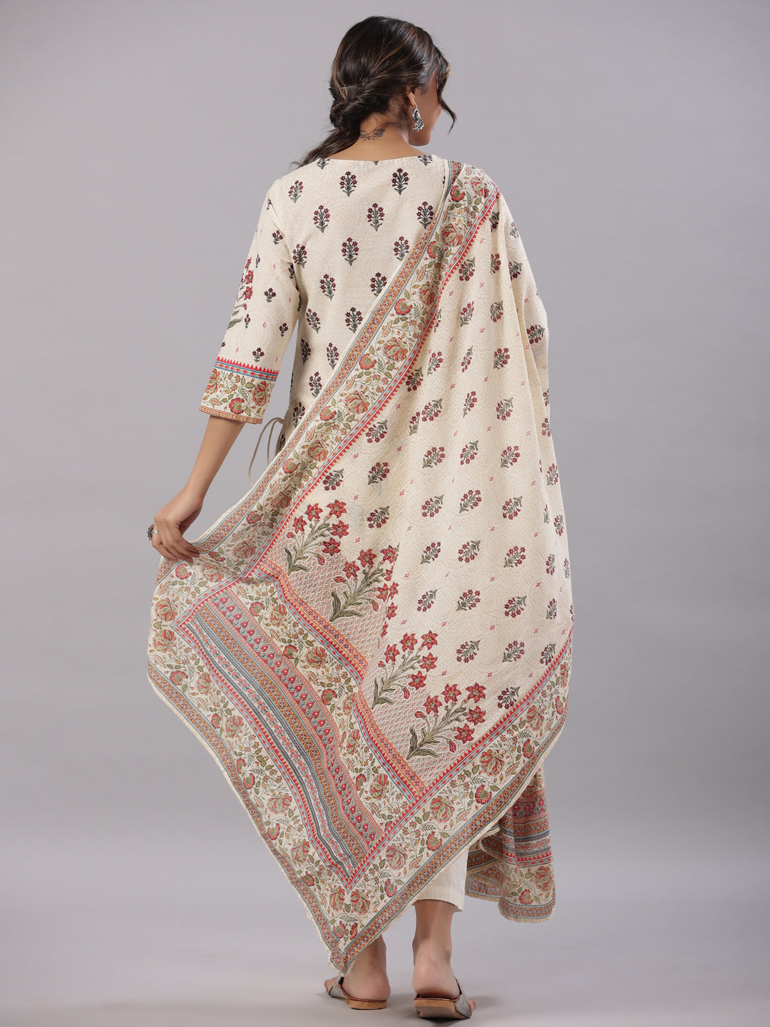 Juniper Women's Beige Cambric Floral Placement Printed Straight Fit Kurta, Pant & Dupatta Set