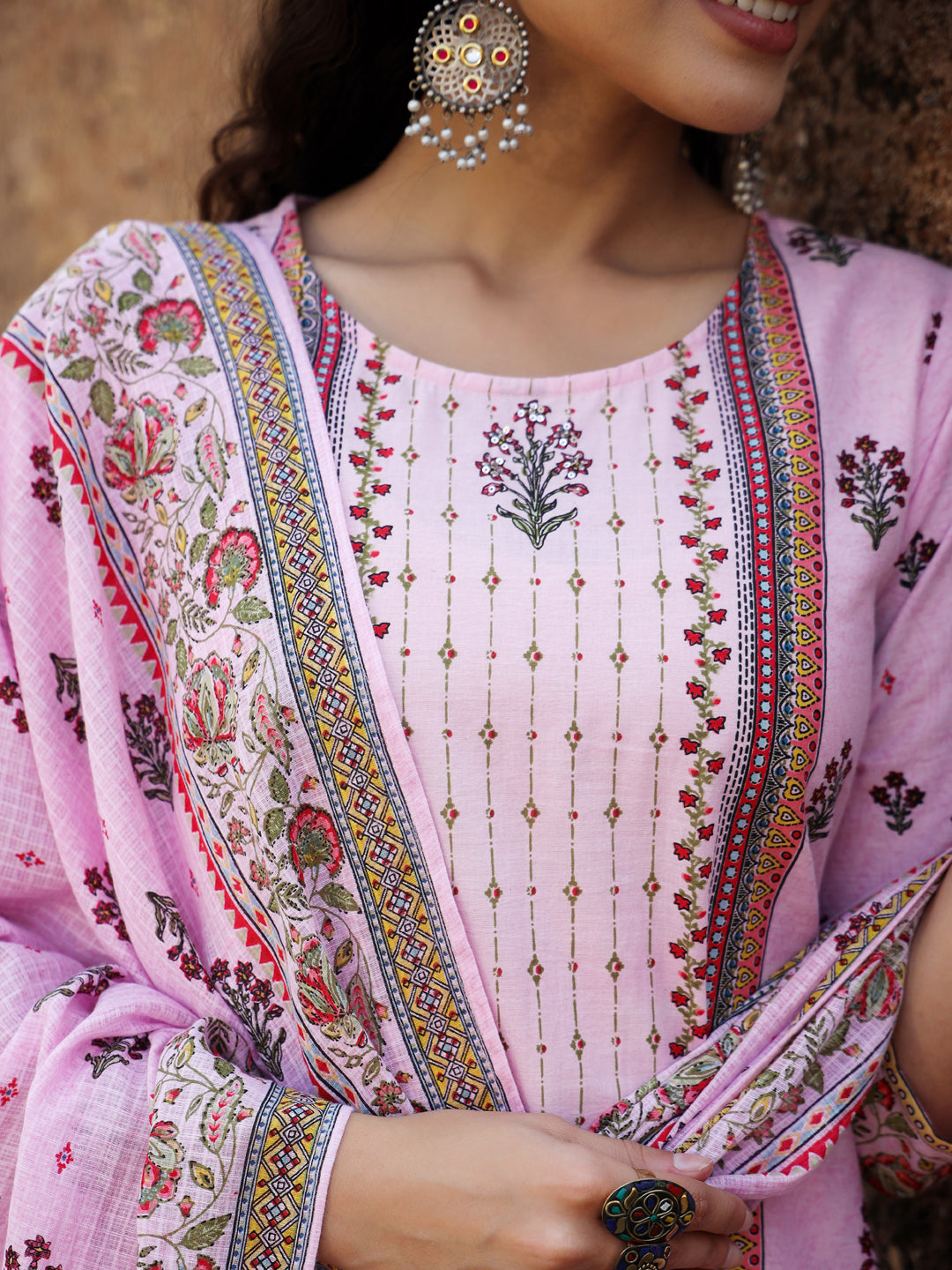 Juniper Women's Lilac Cambric Floral Placement Printed Straight Fit Kurta, Pant & Dupatta Set