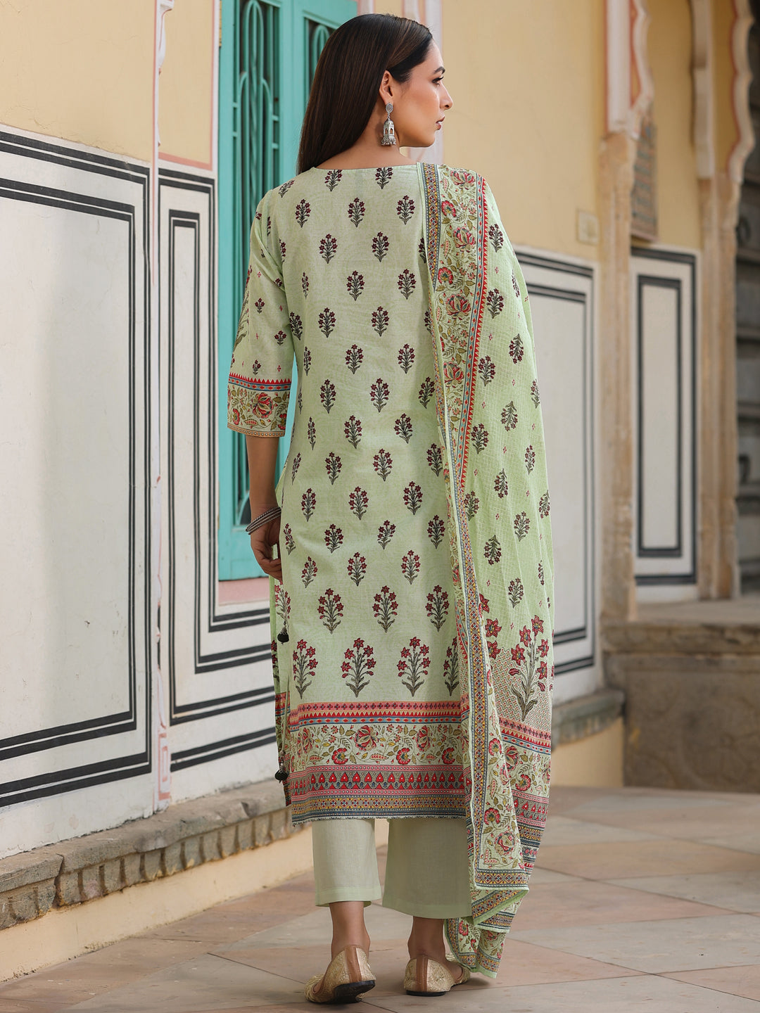 Juniper Women's Lime Cambric Floral Placement Printed Straight Fit Kurta, Pant & Dupatta Set