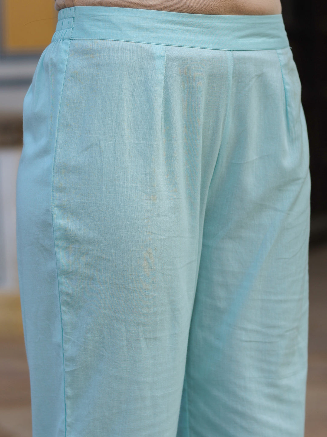 Juniper Women's Sky-blue Cambric Floral Placement Printed Straight Fit Kurta, Pant & Dupatta Set
