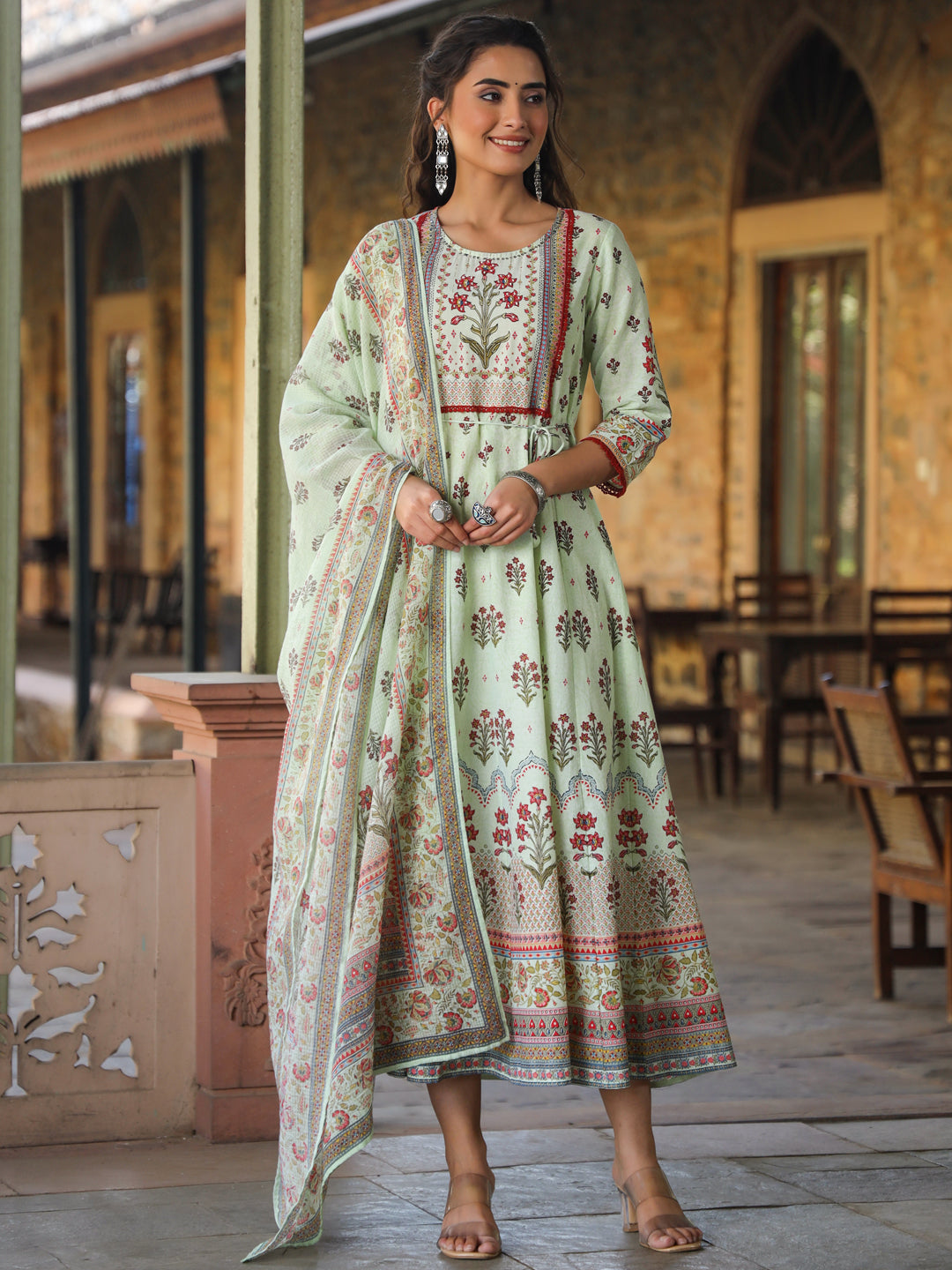 Juniper Lime Green Ethnic Motif Printed Pure Cotton Anarkali Dress & Dupatta Set With Beads & Sequins