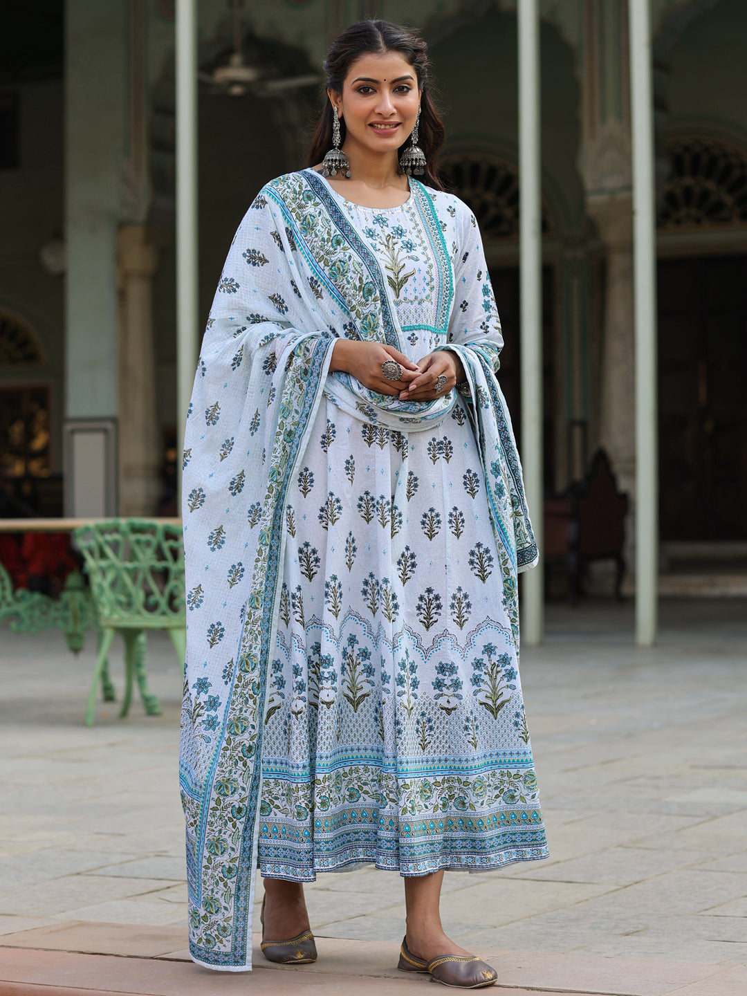 Juniper Sky Blue Ethnic Motif Printed Pure Cotton Anarkali Dress & Dupatta Set With Beads & Sequins