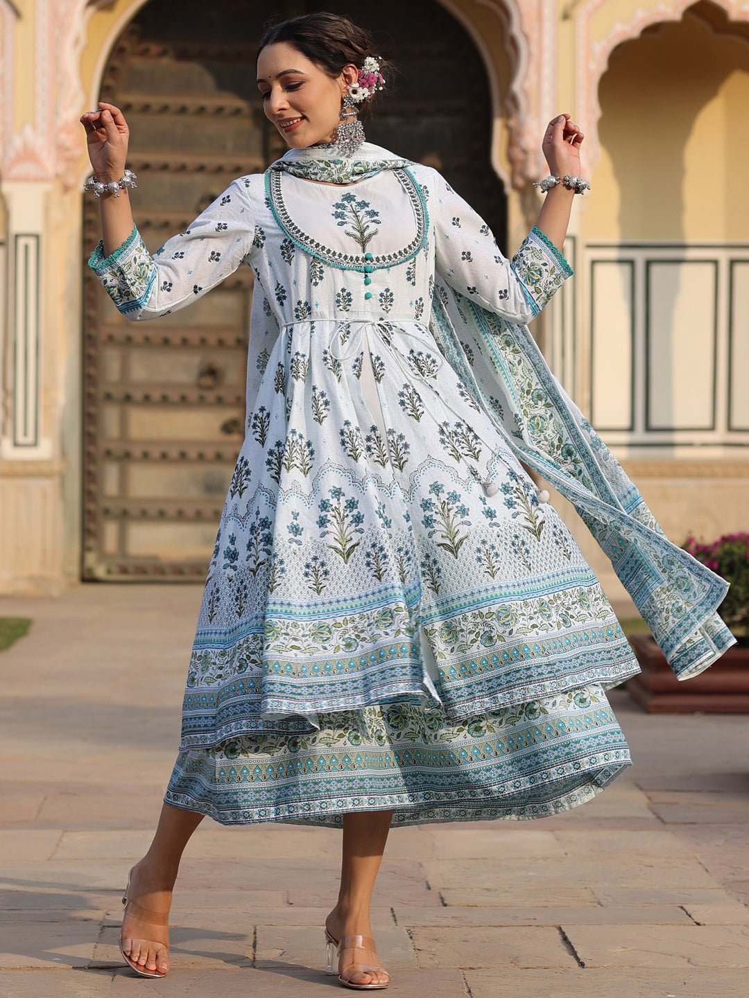 Juniper  Sky Blue Ethnic Motif Printed Pure Cotton Layered Dress & Kota Dupatta Set With Thread Work