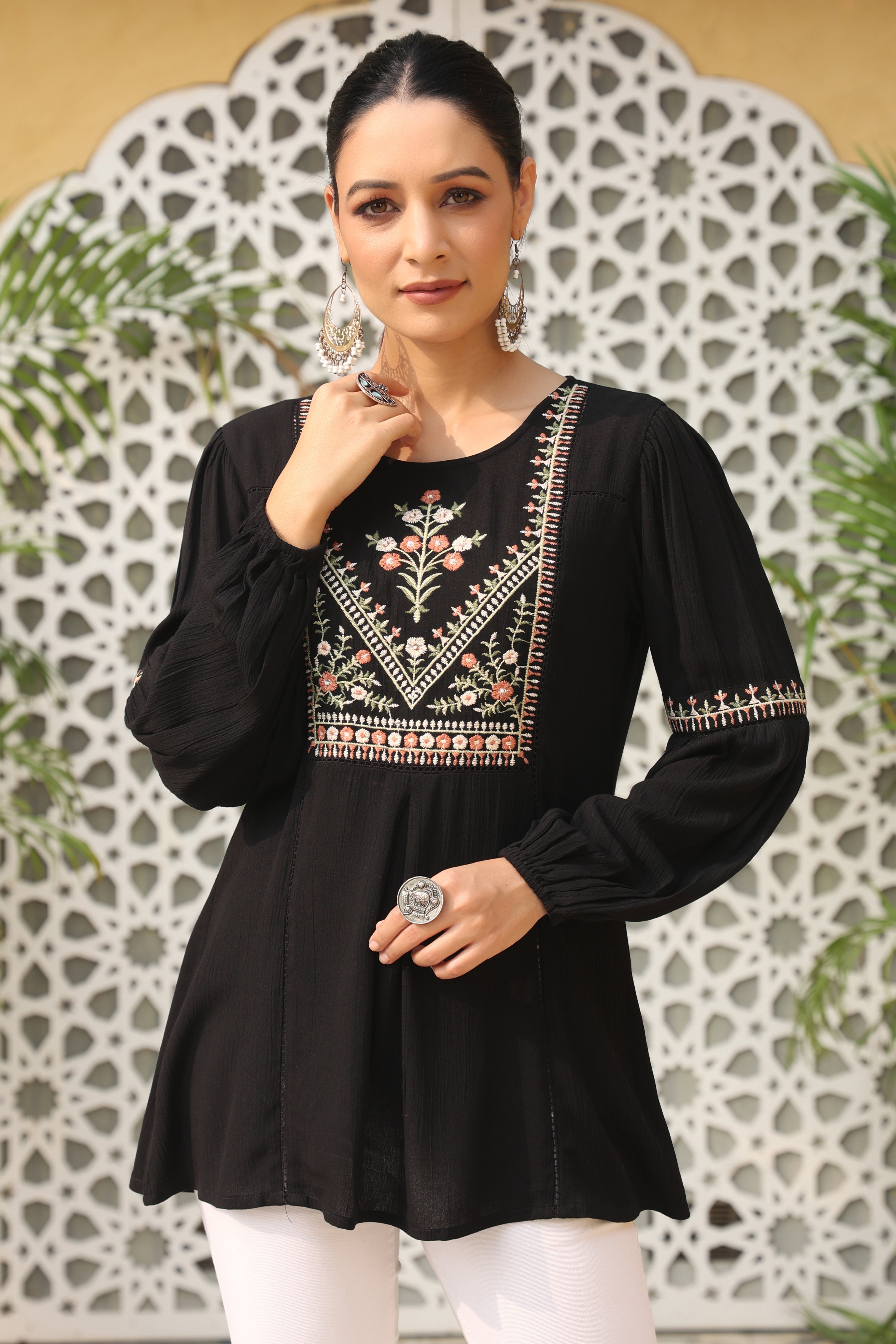 Juniper Women's Black Rayon Crepe Solid With Embroidered Flared Tunic