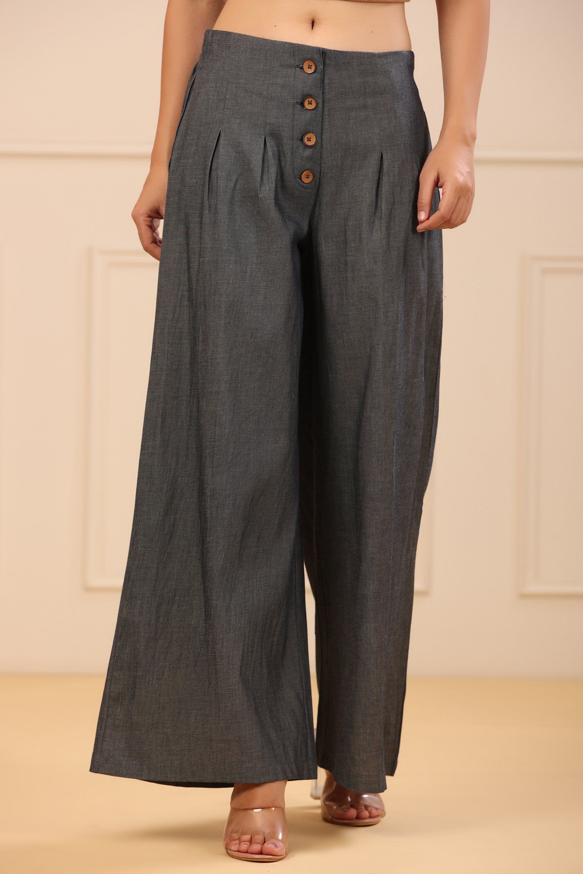 Juniper Grey Solid Denim Flared Palazzos with a Button Closure & Partially Elasticated Waistband