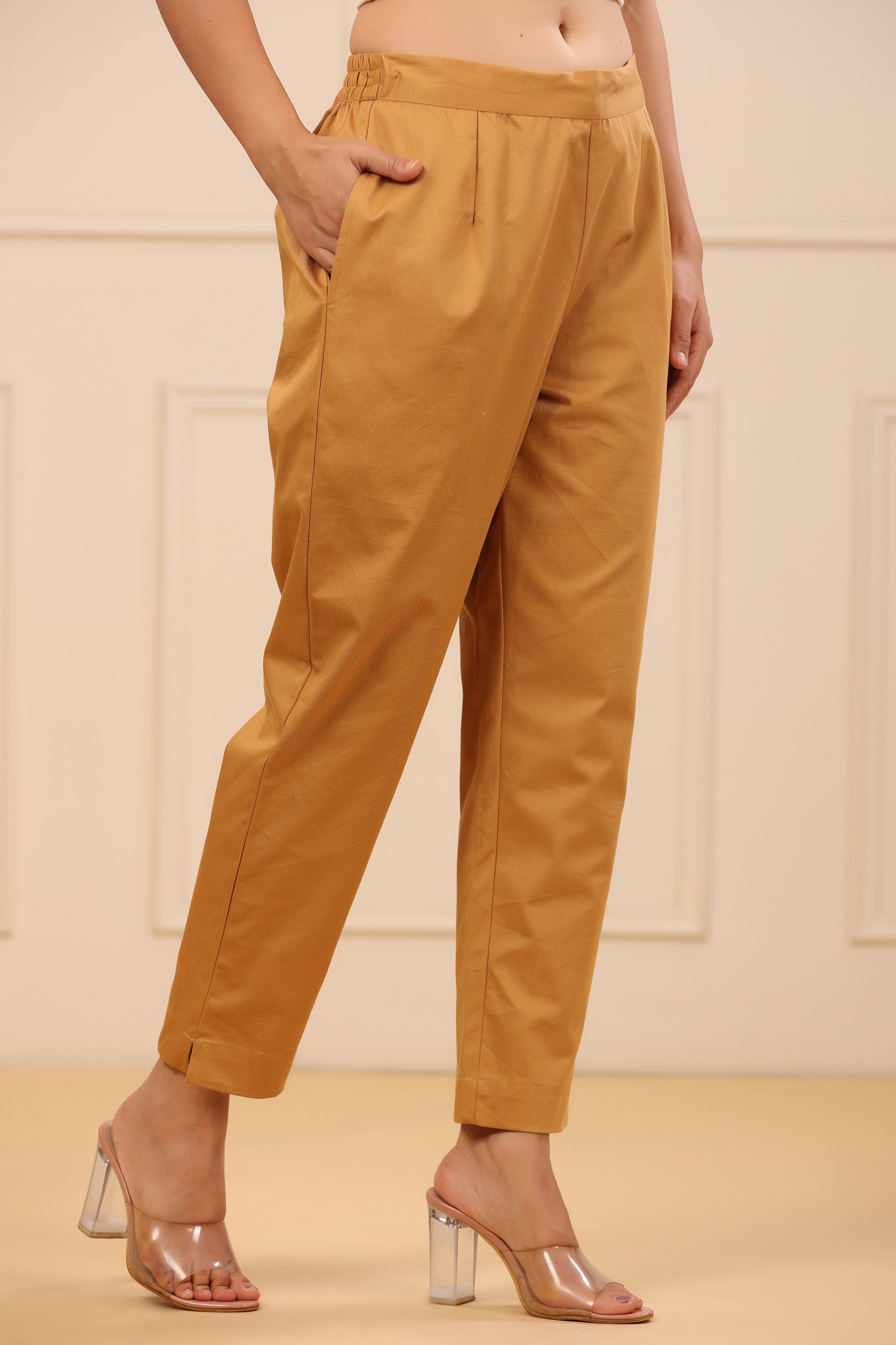 Juniper Women's Gold Cotton Twill Lycra Solid Straight Pant/Slim Pant